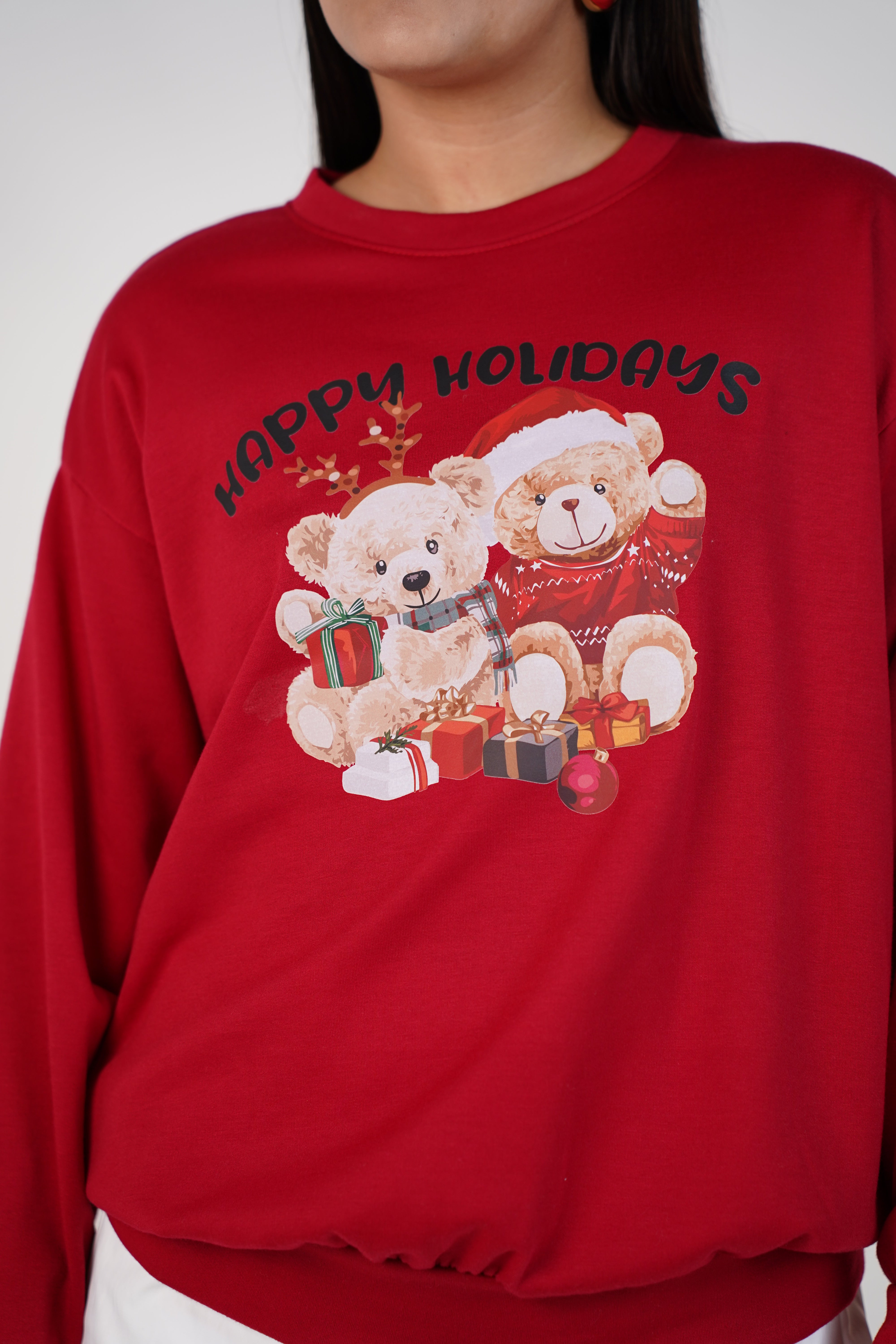 Happy Holidays Teddy Sweater – Festive Holiday Graphic Essential