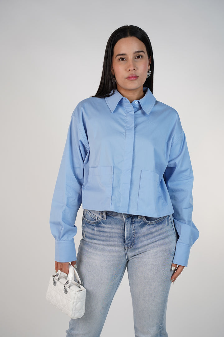 Elvoria Front Pockets Button Down – Modern Cropped Poplin Shirt