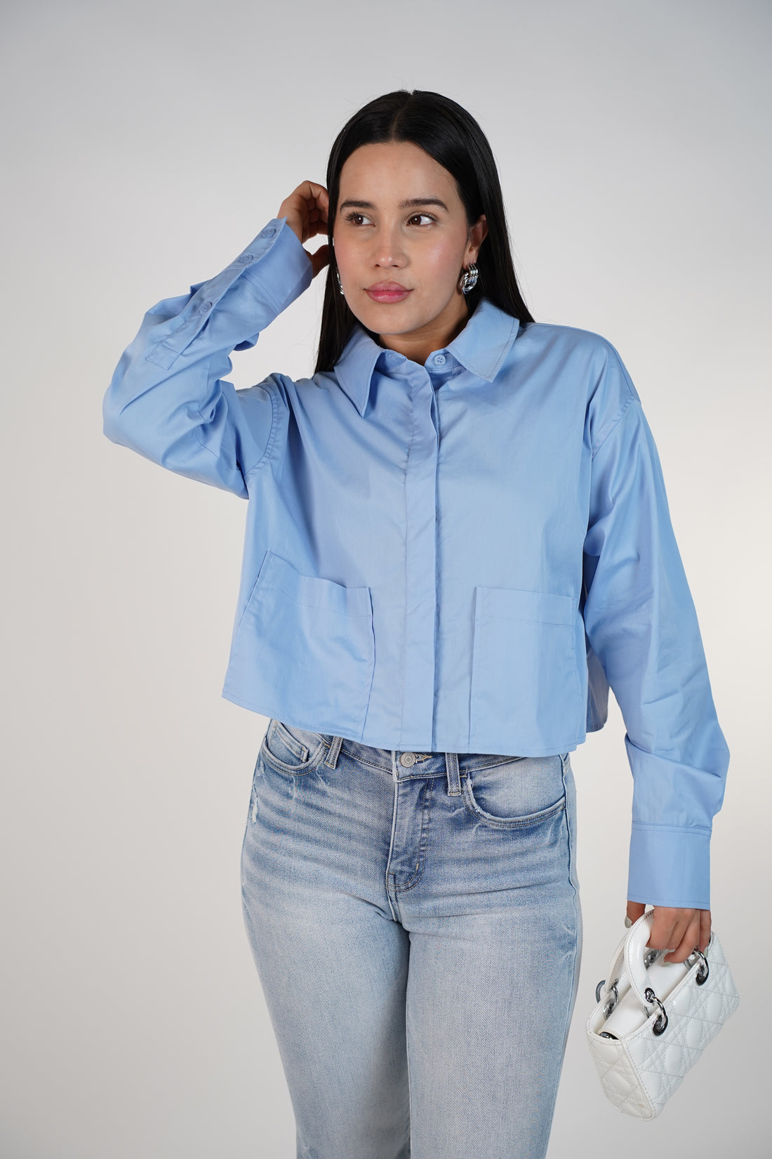 Elvoria Front Pockets Button Down – Modern Cropped Poplin Shirt