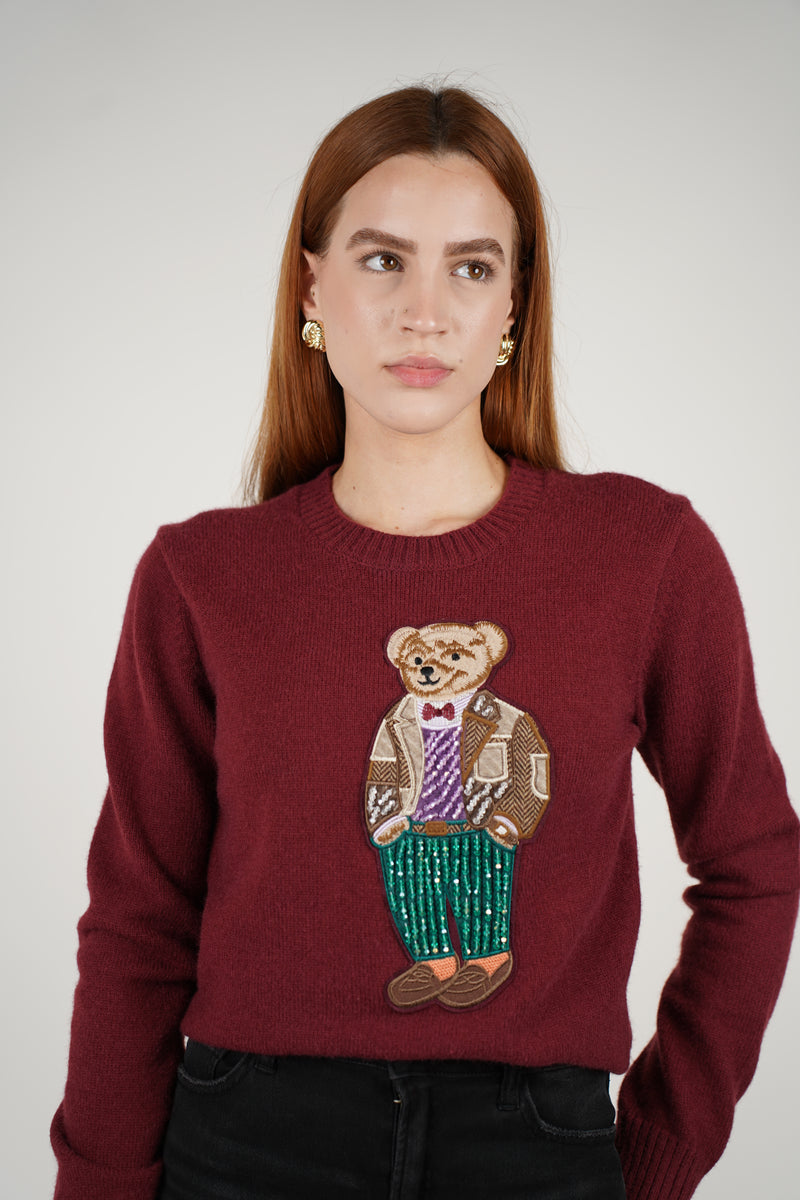 Bellona Sweater – Burgundy Knit with Statement Bear Detail