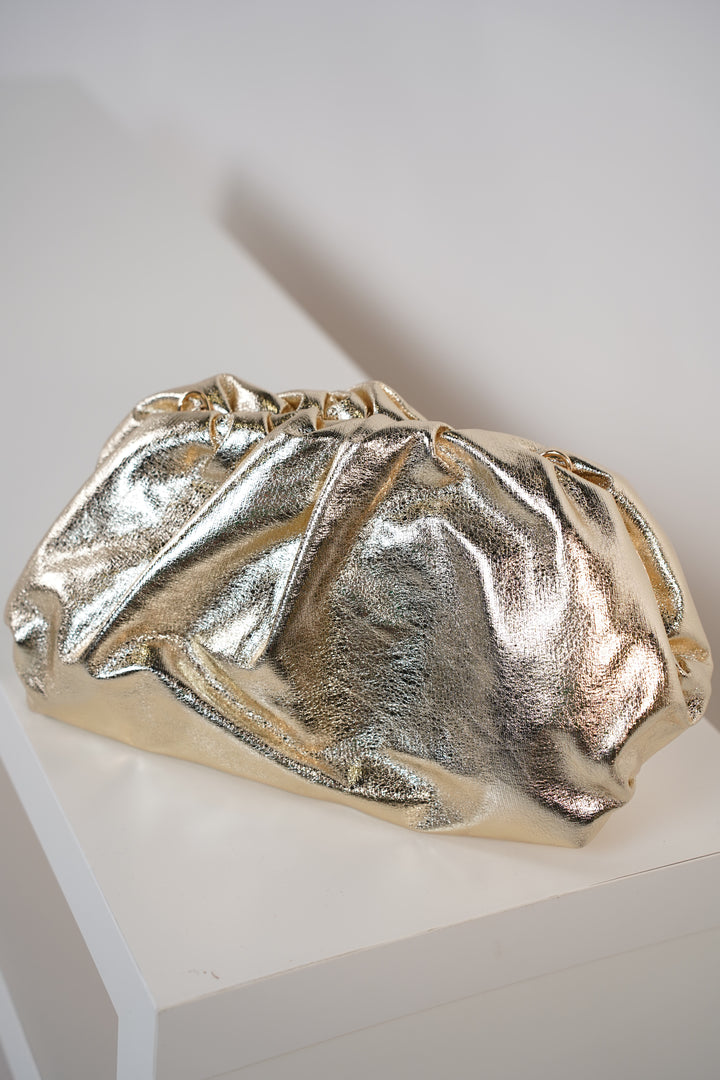 Noeline Soft Clutch – Metallic Ruched Statement Bag