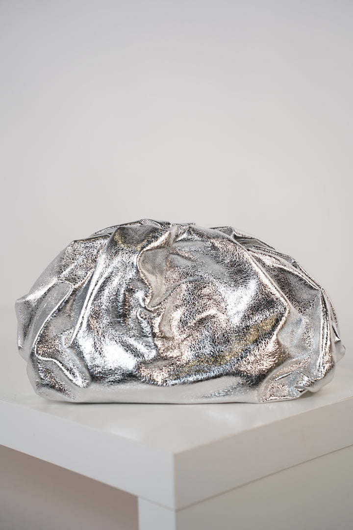 Noeline Soft Clutch – Metallic Ruched Statement Bag