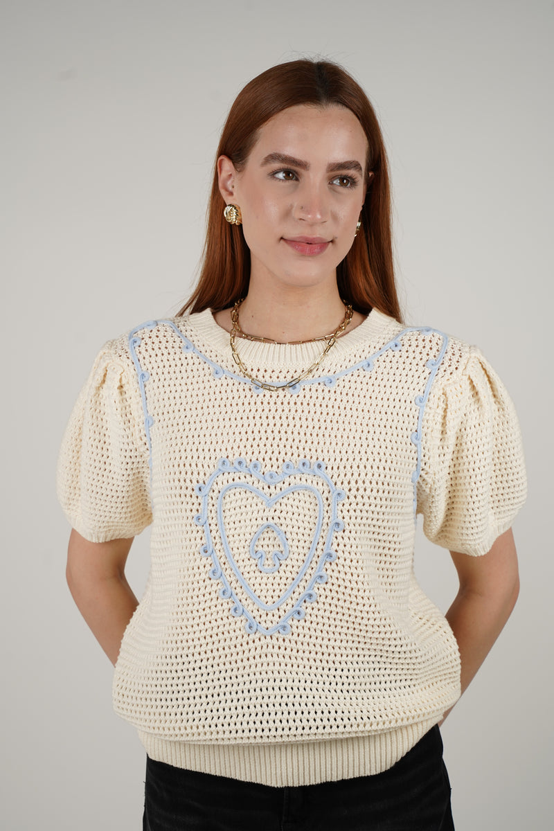 Evelyn Sweater – Cream Crochet with Baby Blue Accents