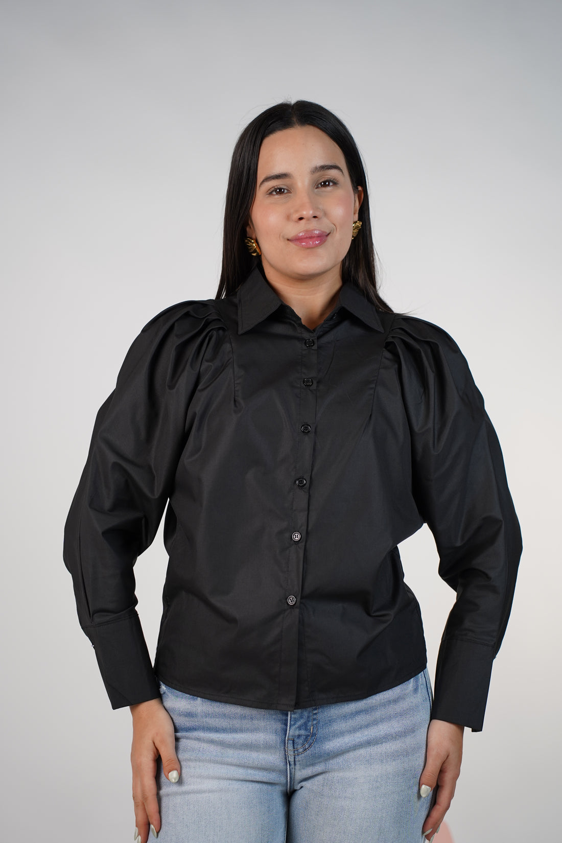 Rinna Button Down – Puff Shoulder Blue Blouse