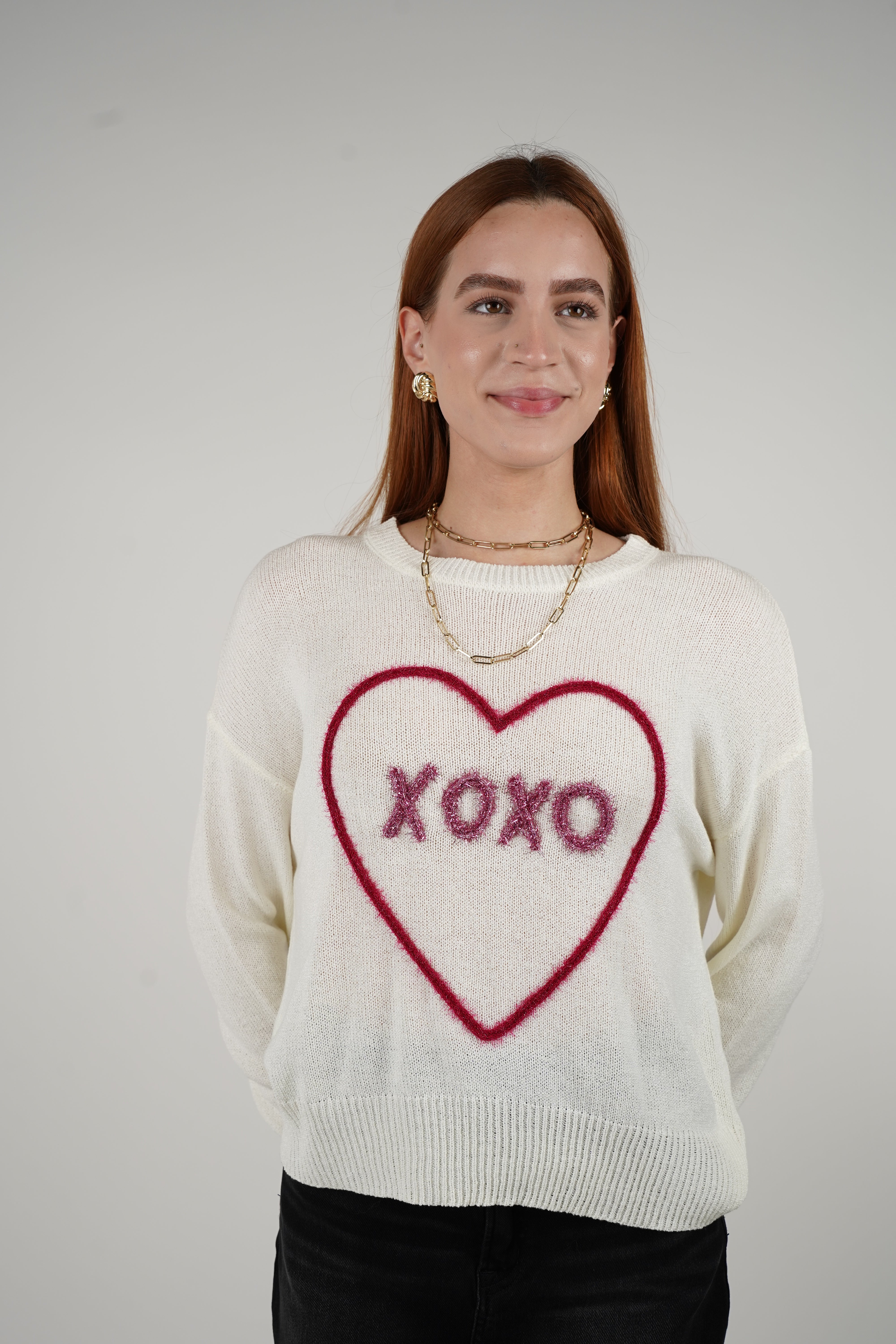 Martuchi XOXO Sweater – Cream Knit with Fuzzy Heart Detail
