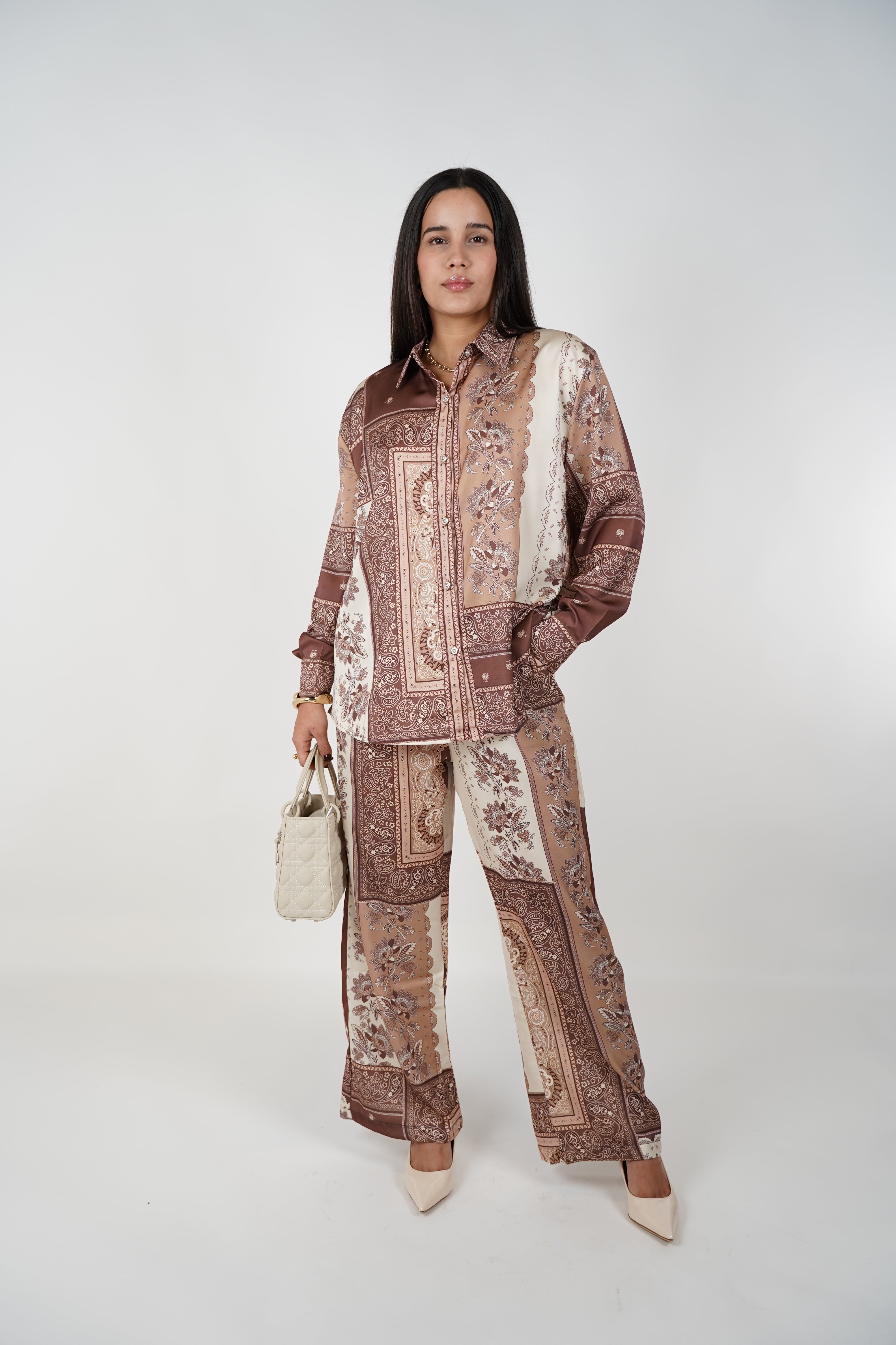 Dalia Nudes Pants Set – Satin Patchwork Elegance