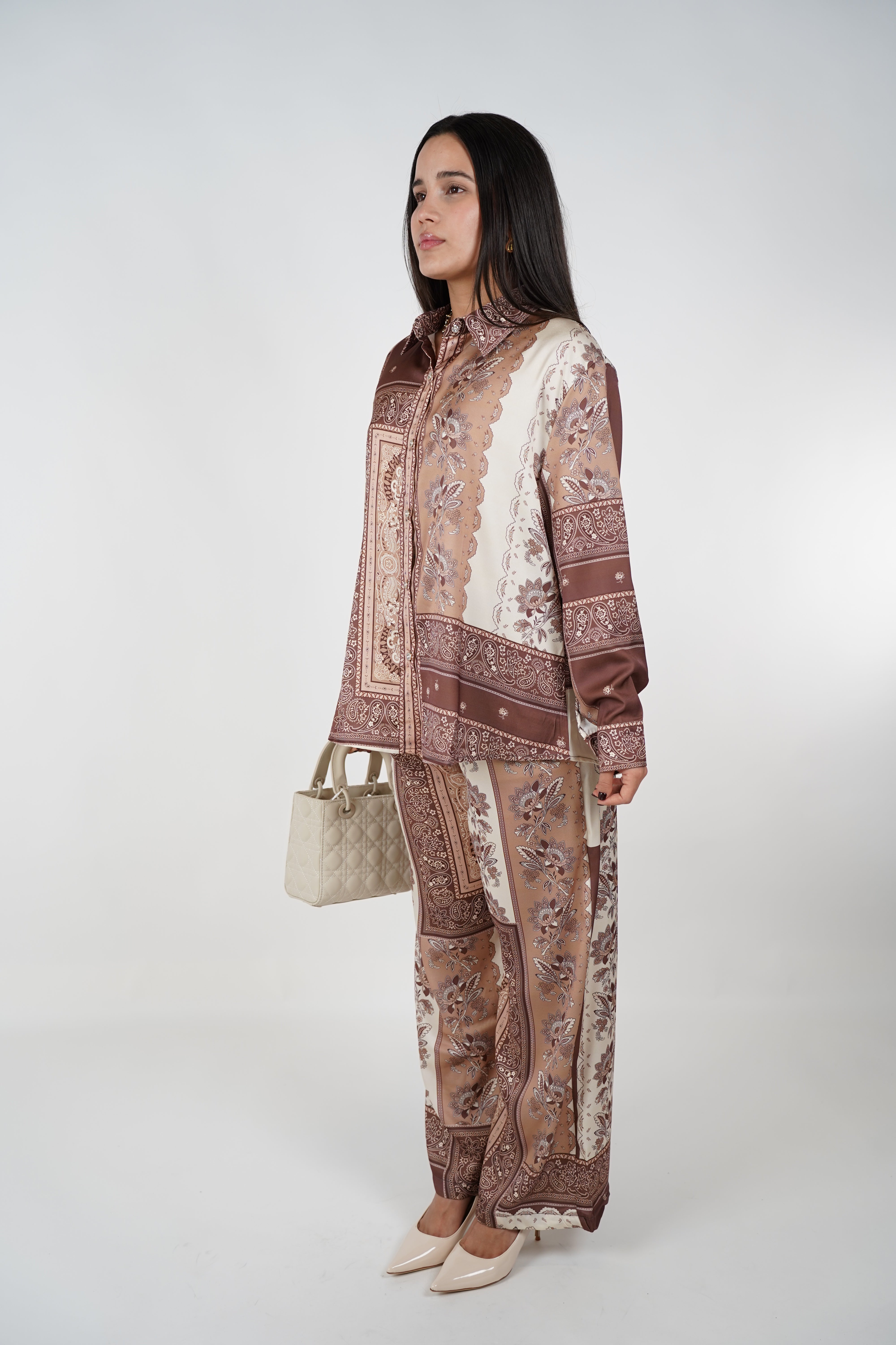 Dalia Nudes Pants Set – Satin Patchwork Elegance