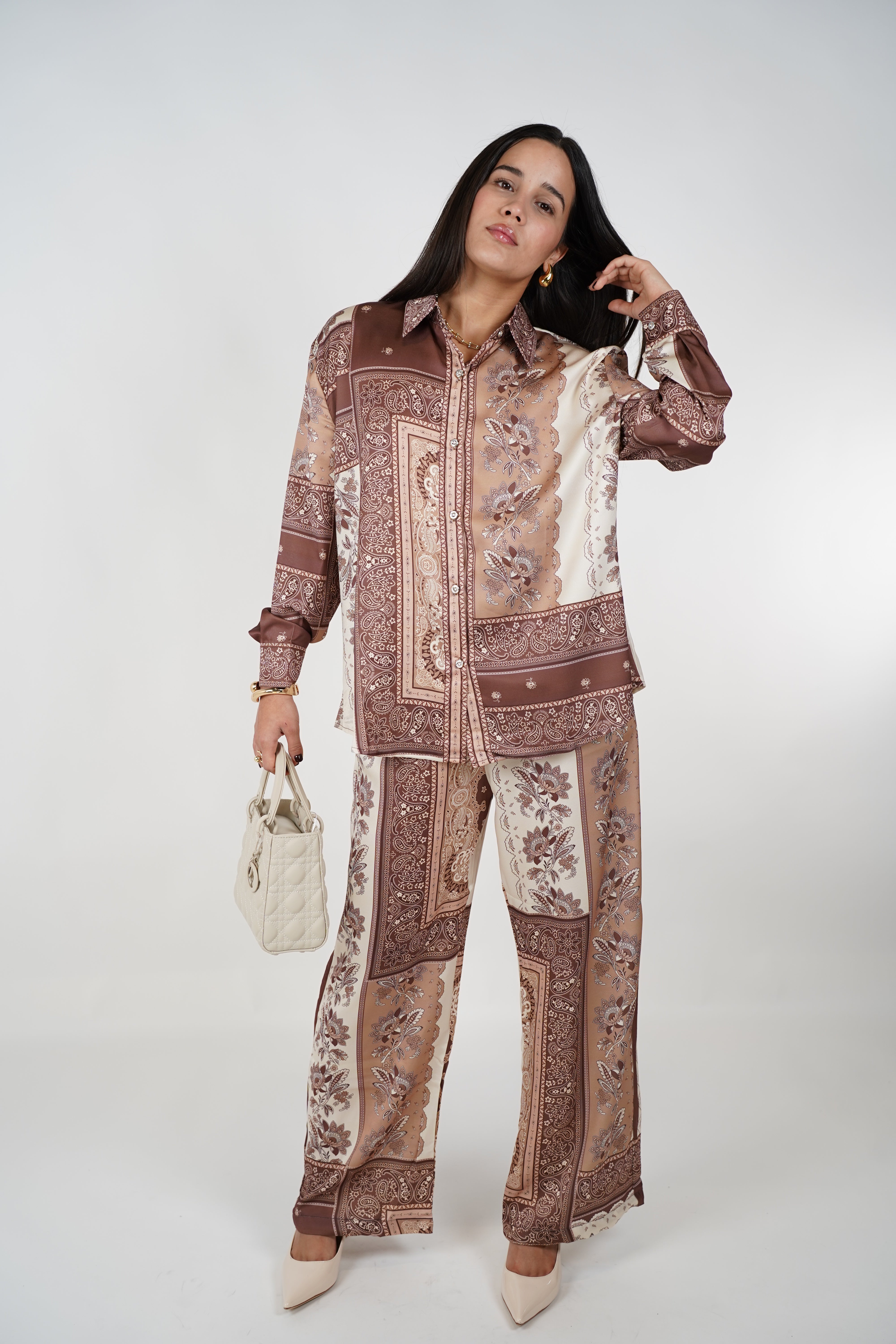 Dalia Nudes Pants Set – Satin Patchwork Elegance