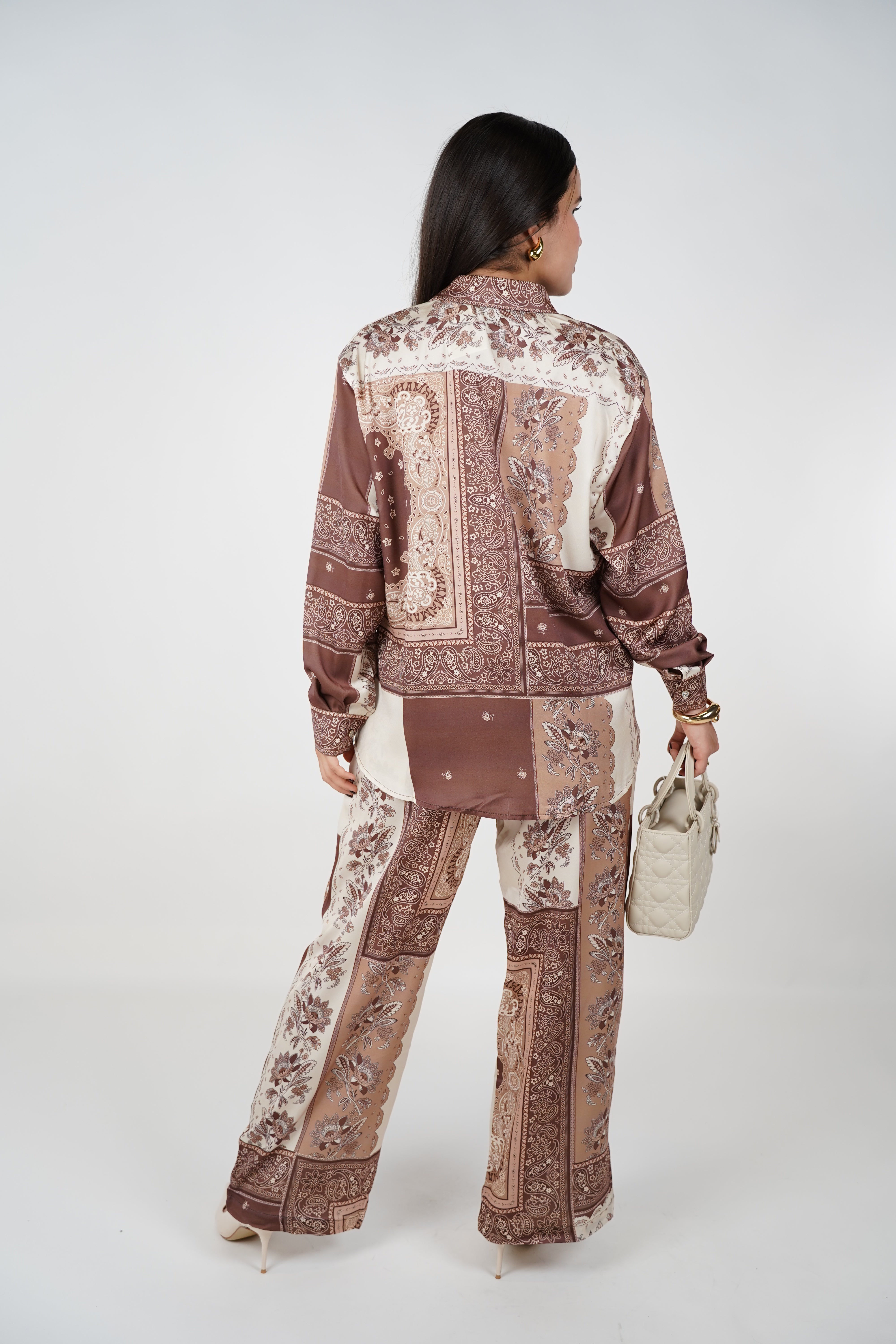 Dalia Nudes Pants Set – Satin Patchwork Elegance