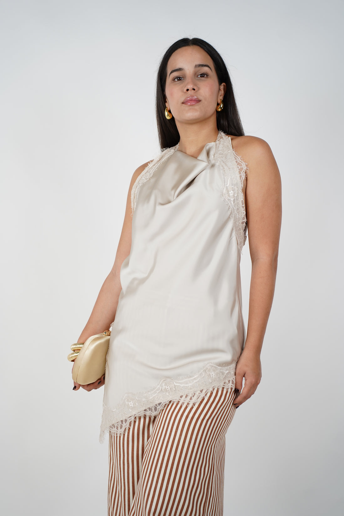 Faye Satin Top – Sleek Elegance with Delicate Lace Trim