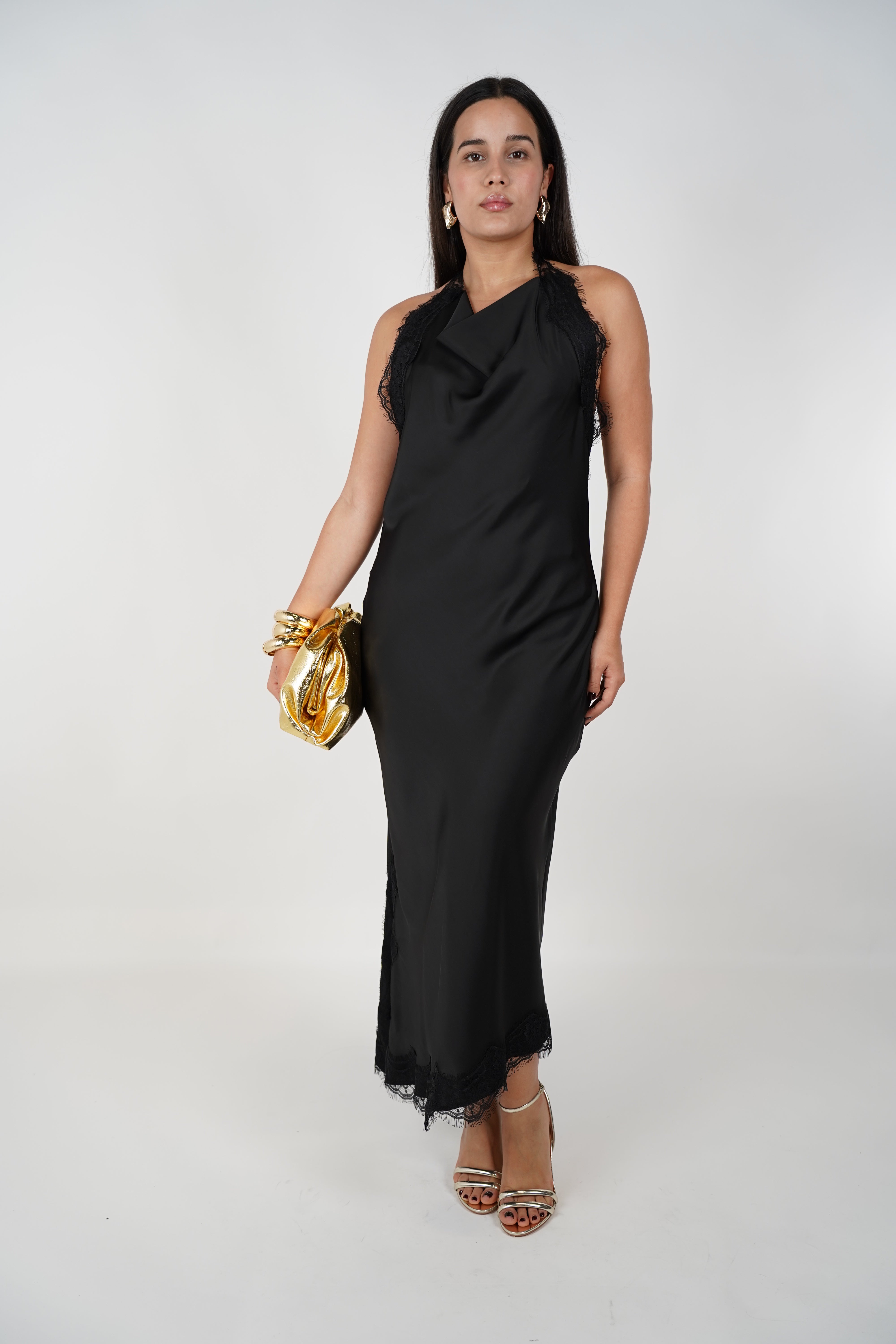 Mariela Satin Lace Dress – Elegant Cowl Neck Maxi