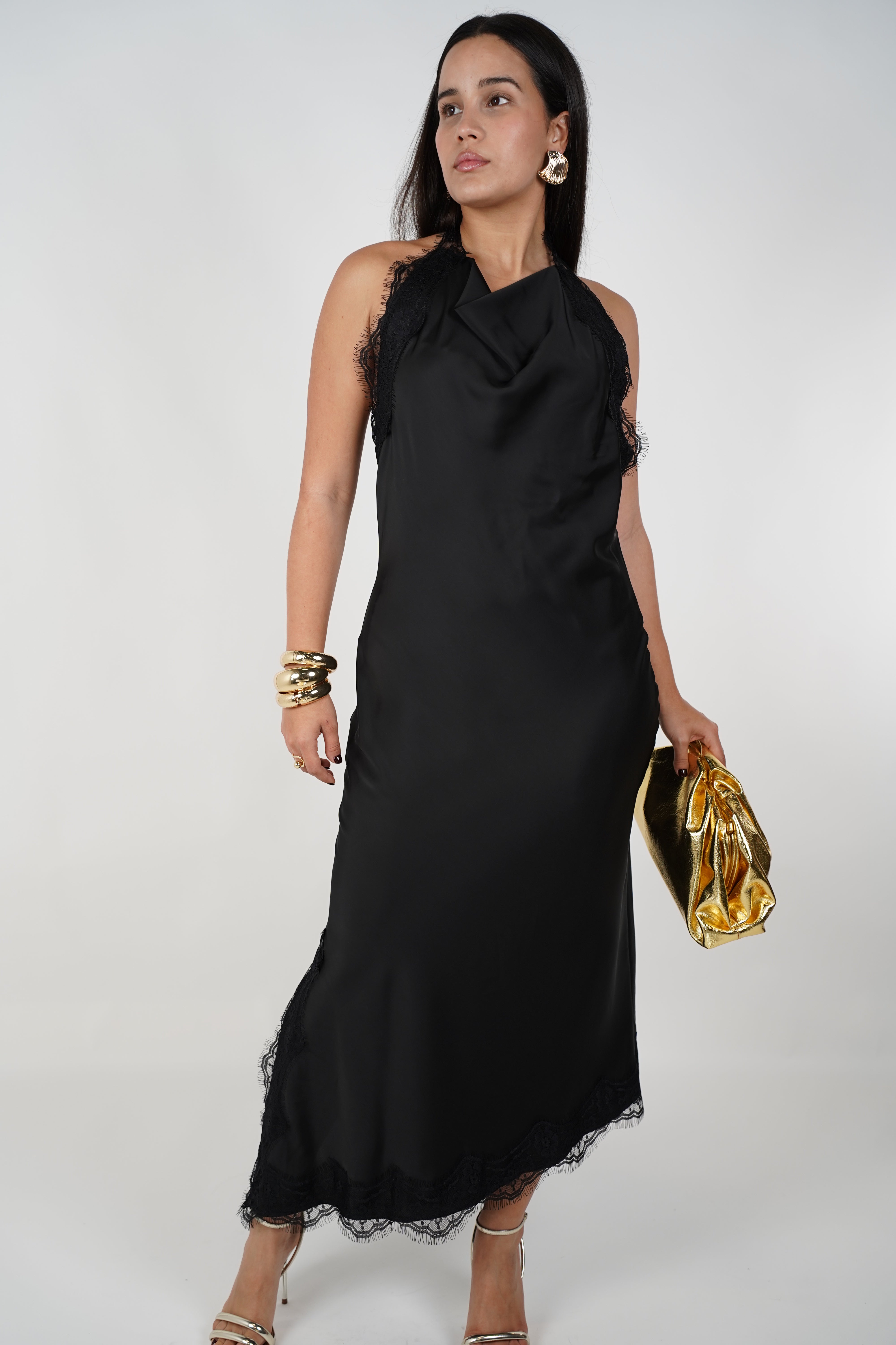 Mariela Satin Lace Dress – Elegant Cowl Neck Maxi