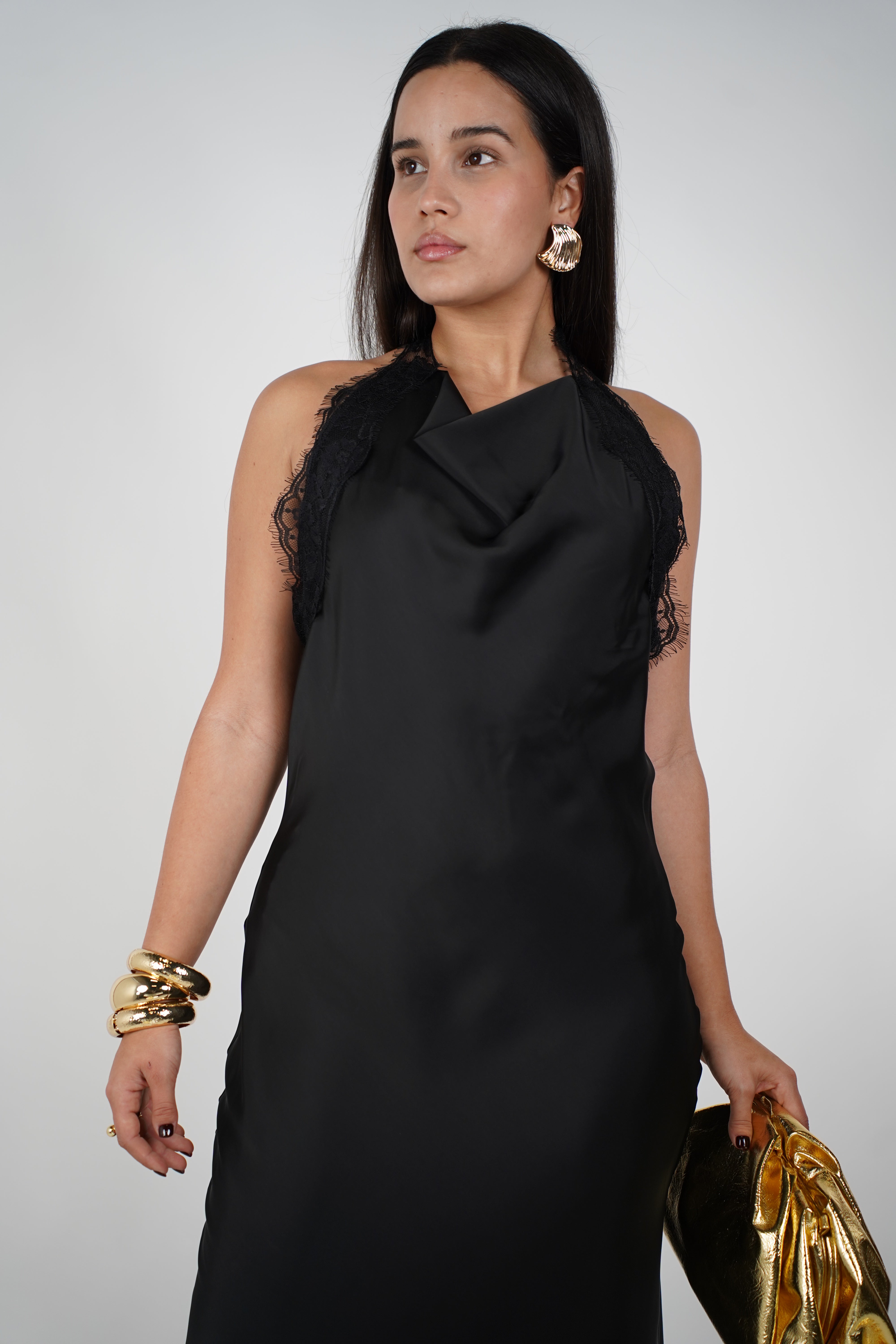 Mariela Satin Lace Dress – Elegant Cowl Neck Maxi