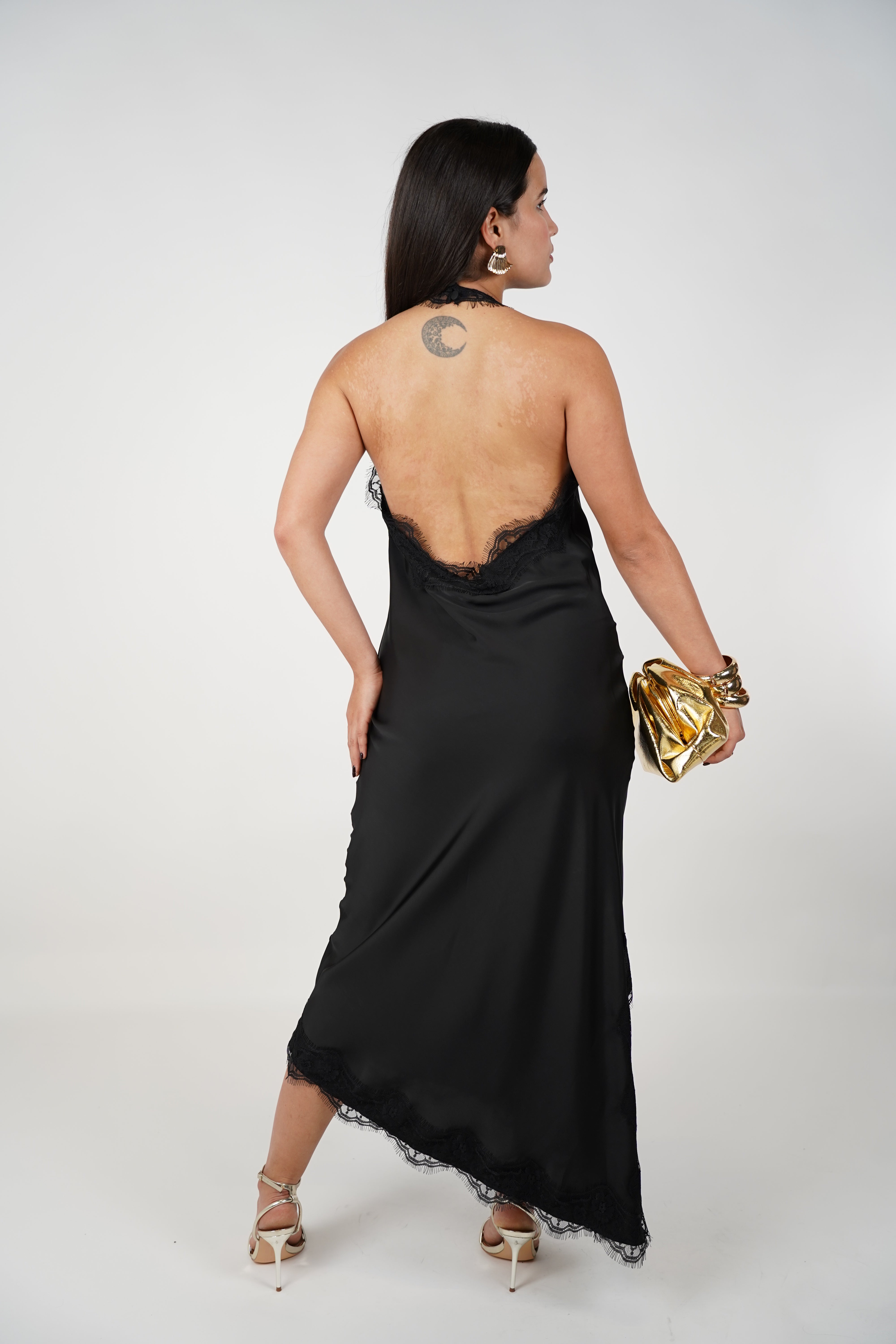 Mariela Satin Lace Dress – Elegant Cowl Neck Maxi