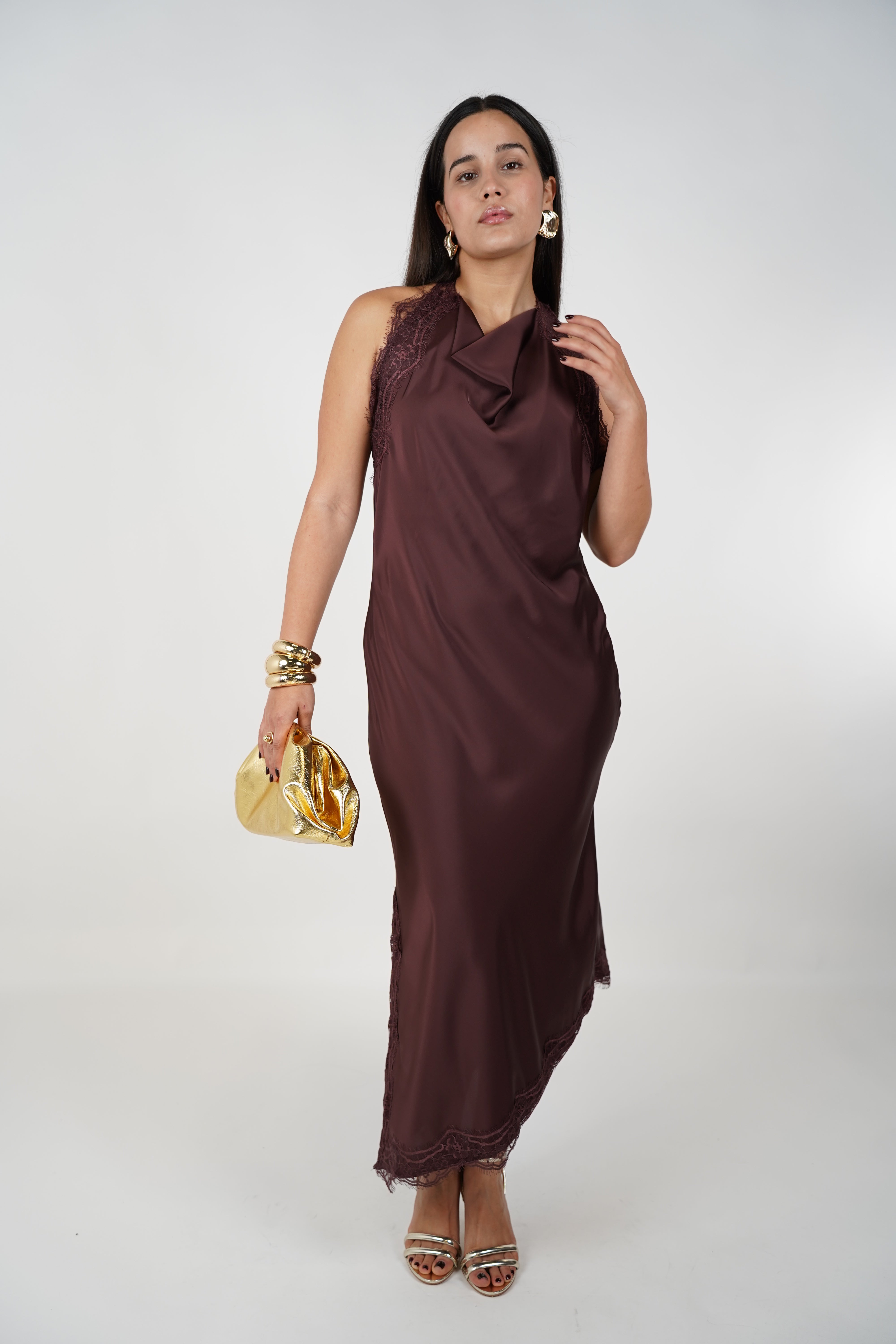 Mariela Satin Lace Dress – Elegant Cowl Neck Maxi