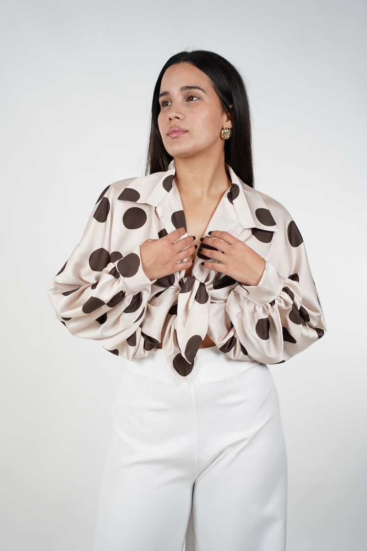 Nolia Polka Dot Silk Blouse – Playful Glam in Satin Finish