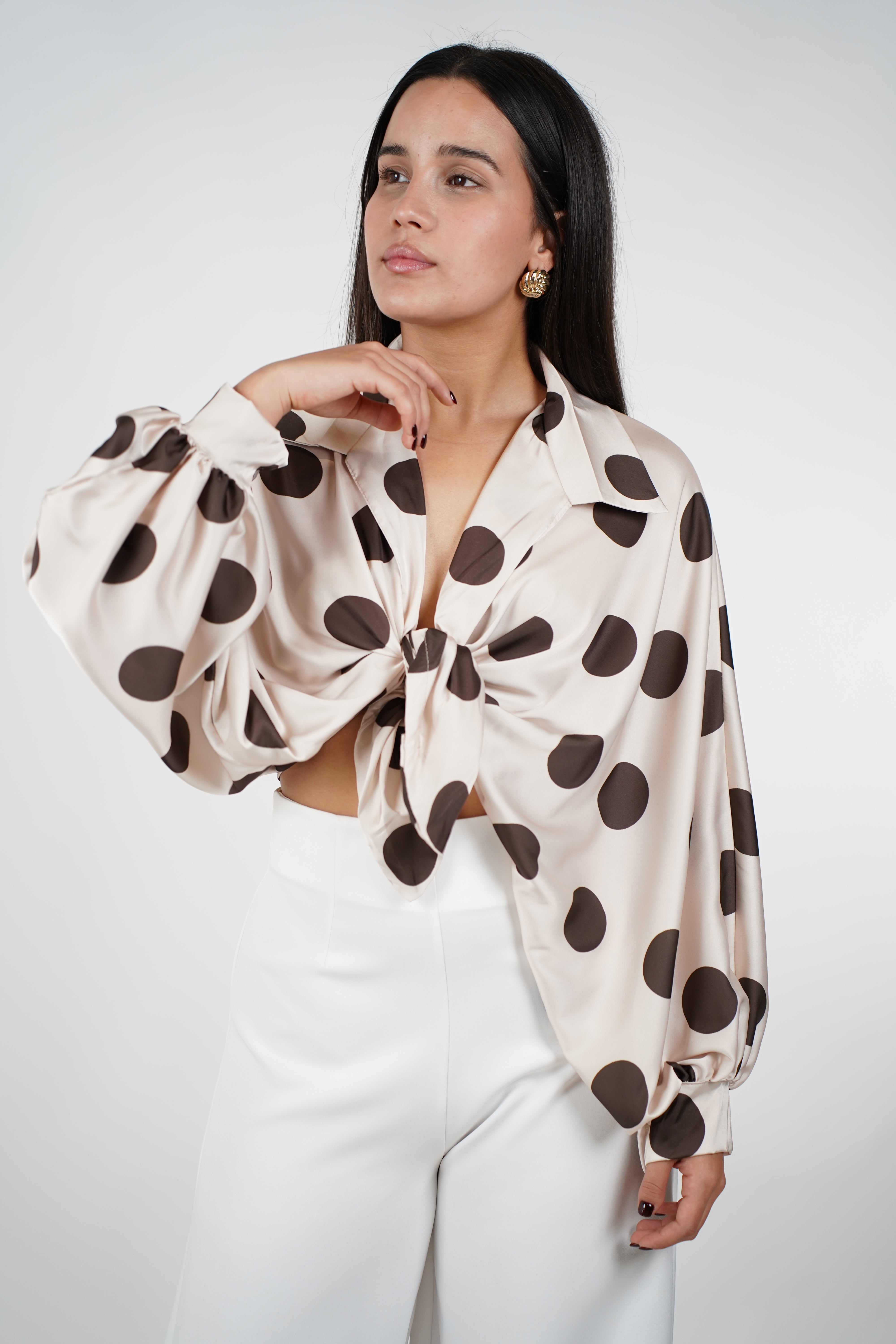 Nolia Polka Dot Silk Blouse – Playful Glam in Satin Finish