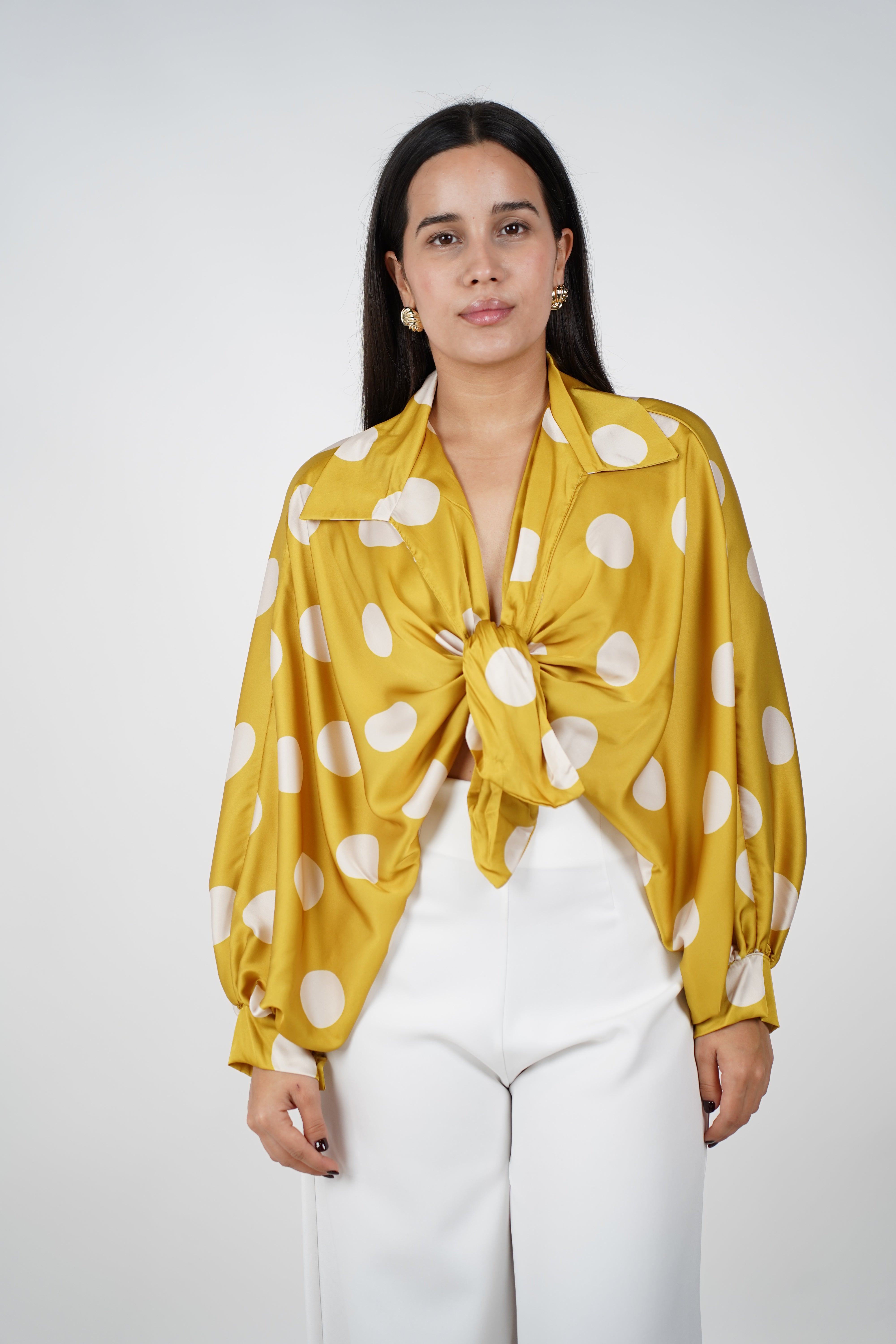 Nolia Polka Dot Silk Blouse – Playful Glam in Satin Finish