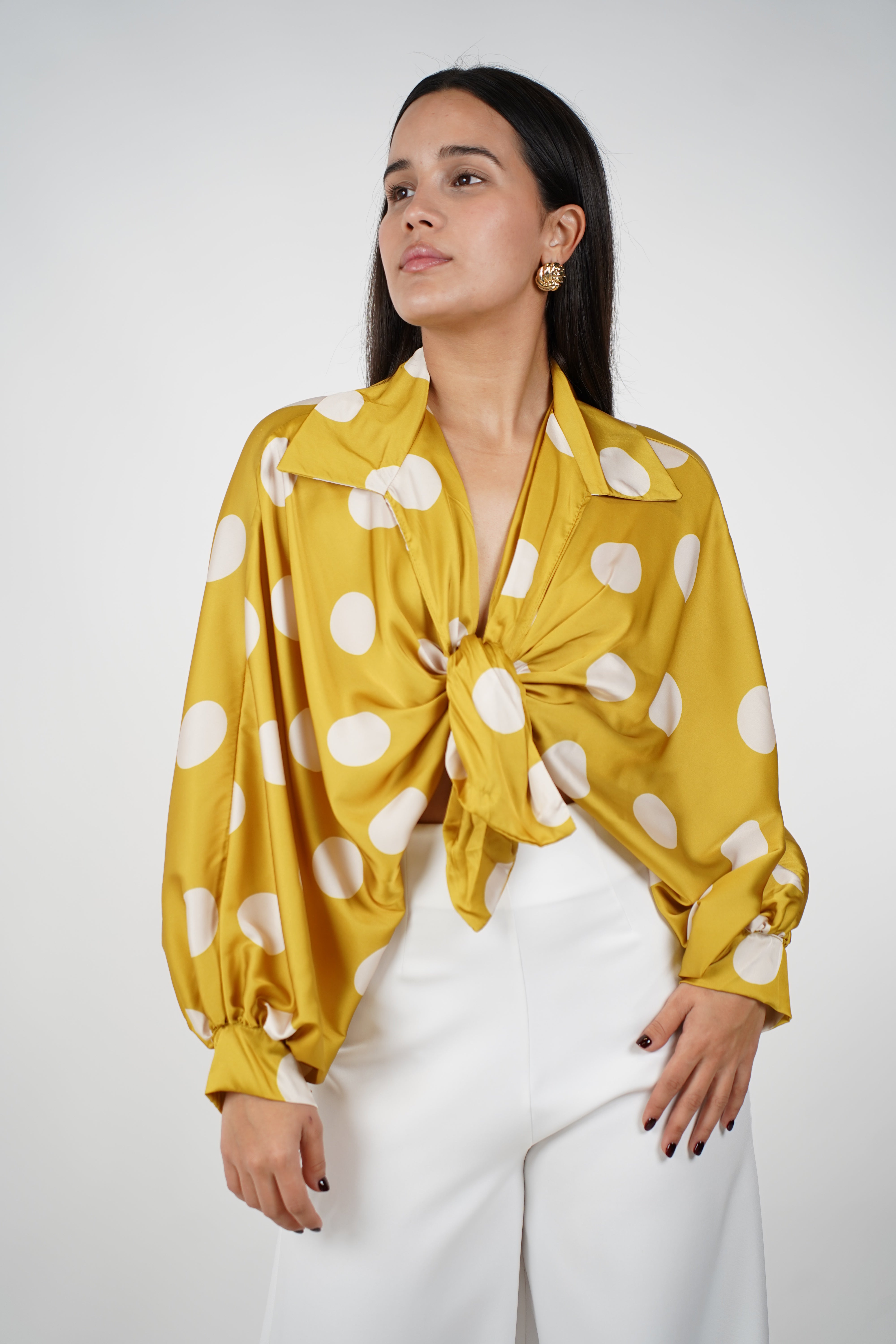 Nolia Polka Dot Silk Blouse – Playful Glam in Satin Finish