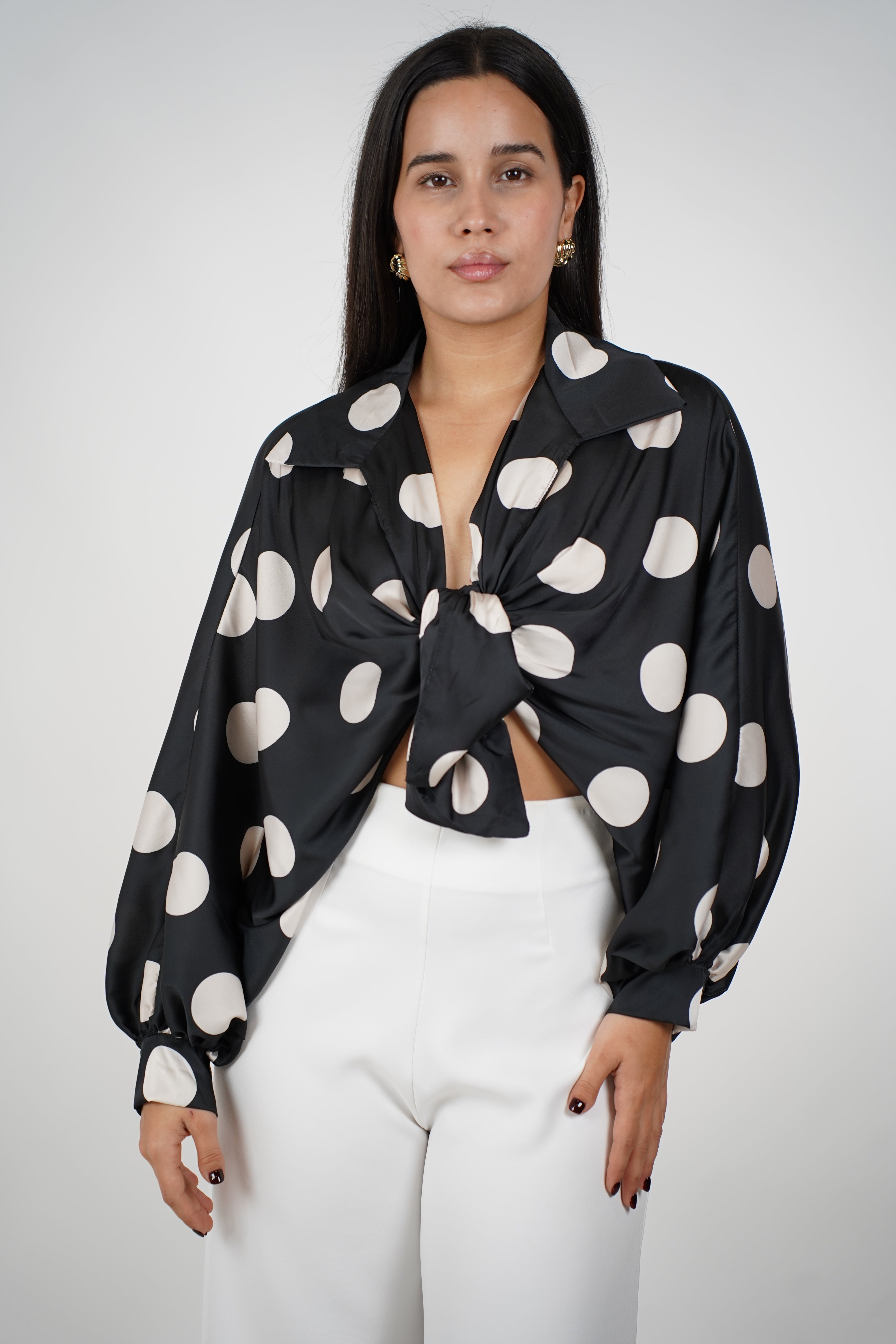 Nolia Polka Dot Silk Blouse – Playful Glam in Satin Finish