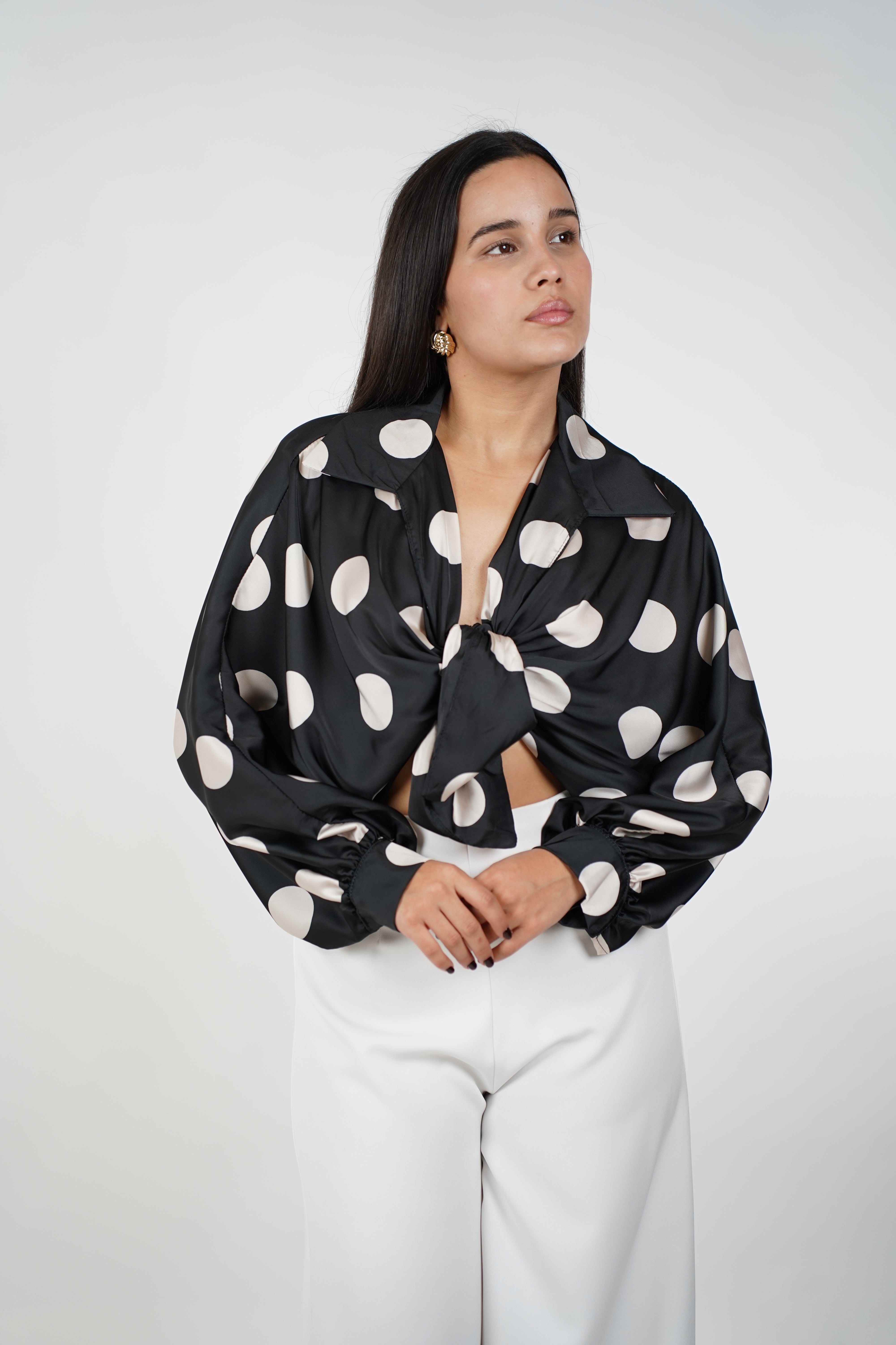 Nolia Polka Dot Silk Blouse – Playful Glam in Satin Finish