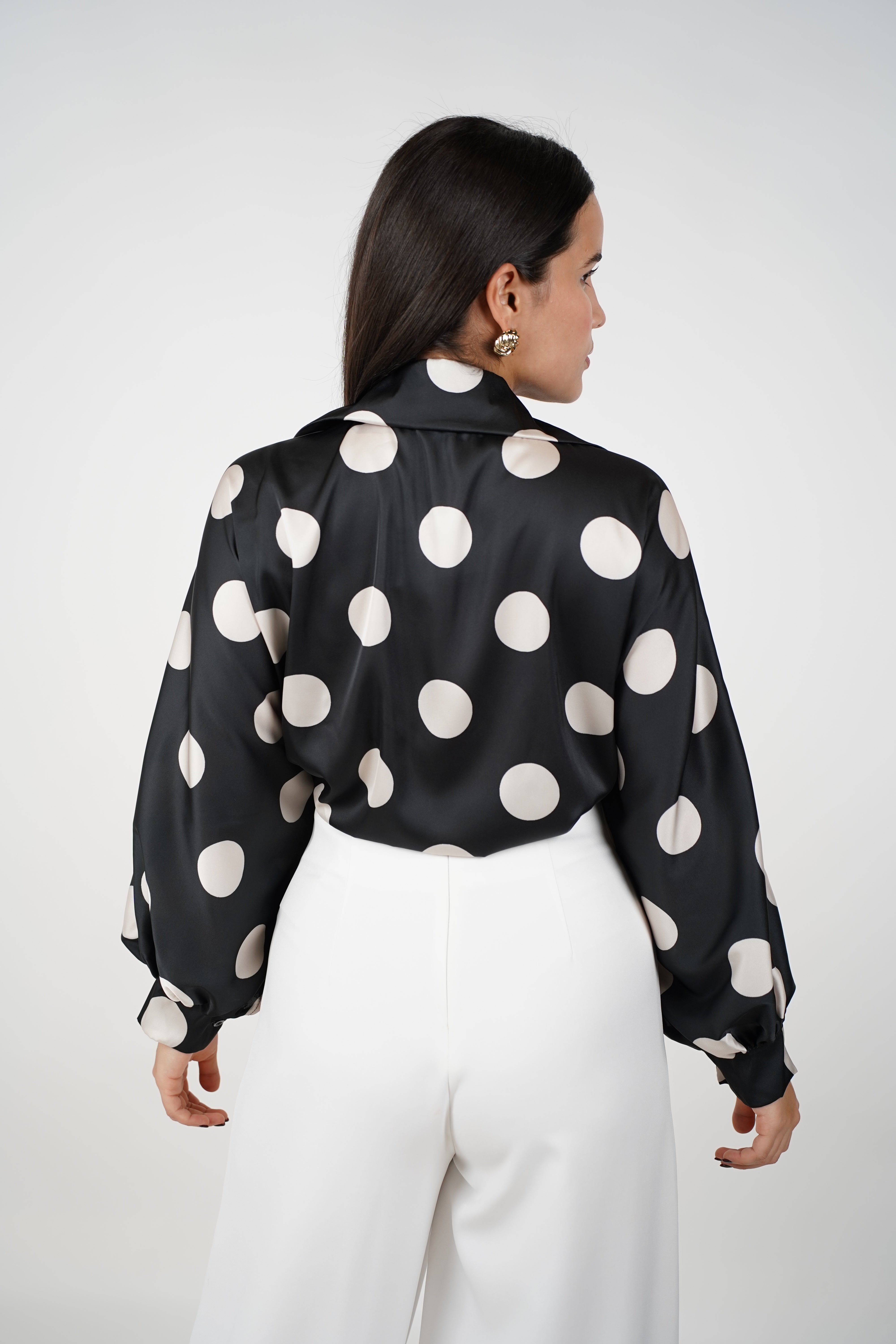 Nolia Polka Dot Silk Blouse – Playful Glam in Satin Finish