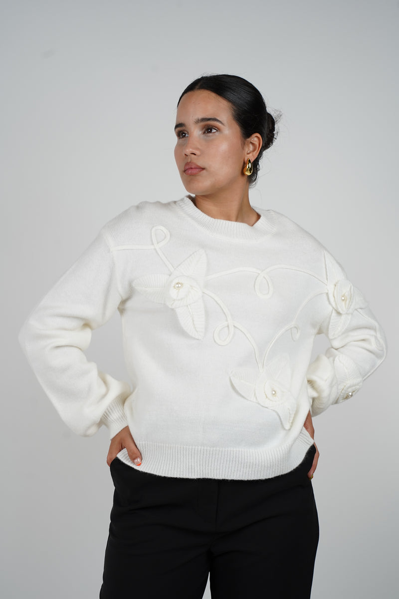 Lucy Pearl Sweater – 3D Floral Elegance