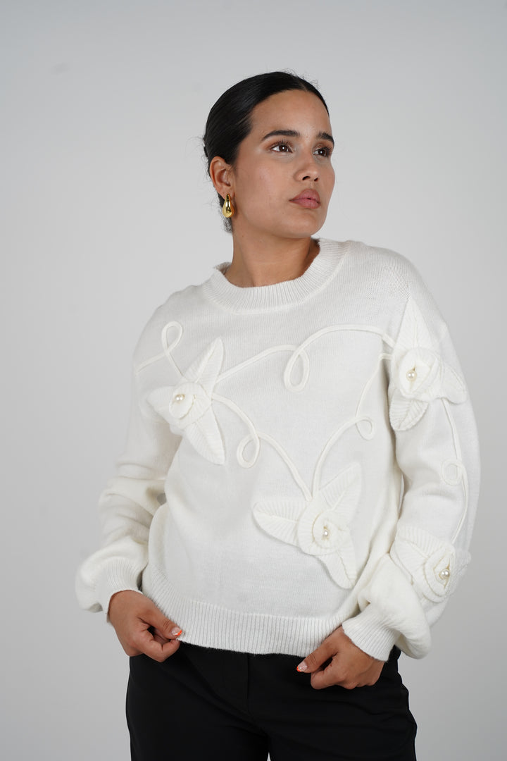 Lucy Pearl Sweater – 3D Floral Elegance