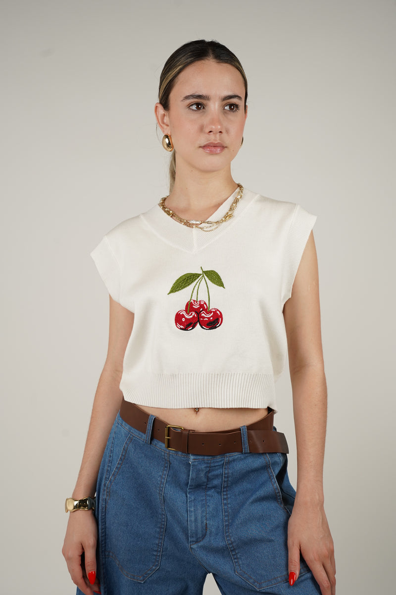 Nikka Cherry Vest – Sleeveless Knit Sweater with Embroidered Cherries