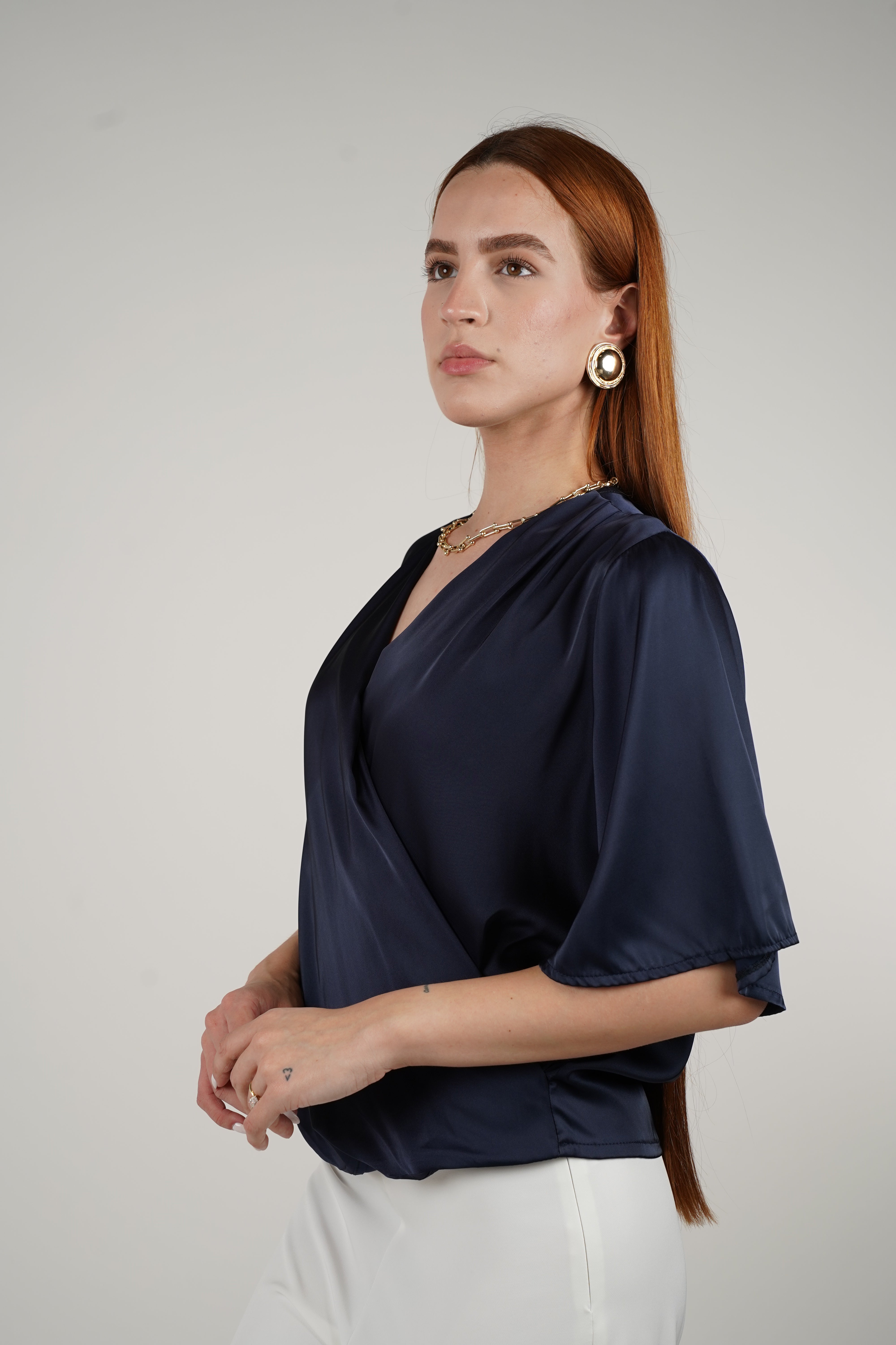 Kirenia Blouse – Elegant Draped Satin-Like Blouse in Black