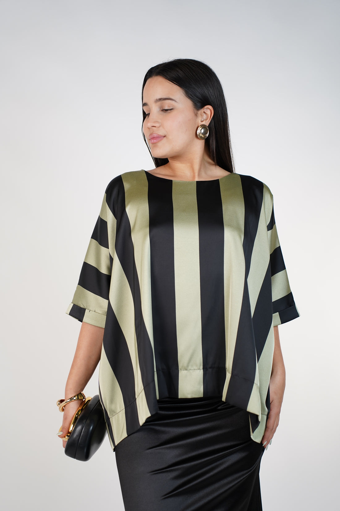Moniva Striped Blouse – Satin Statement Top with Bold Vertical Contrast