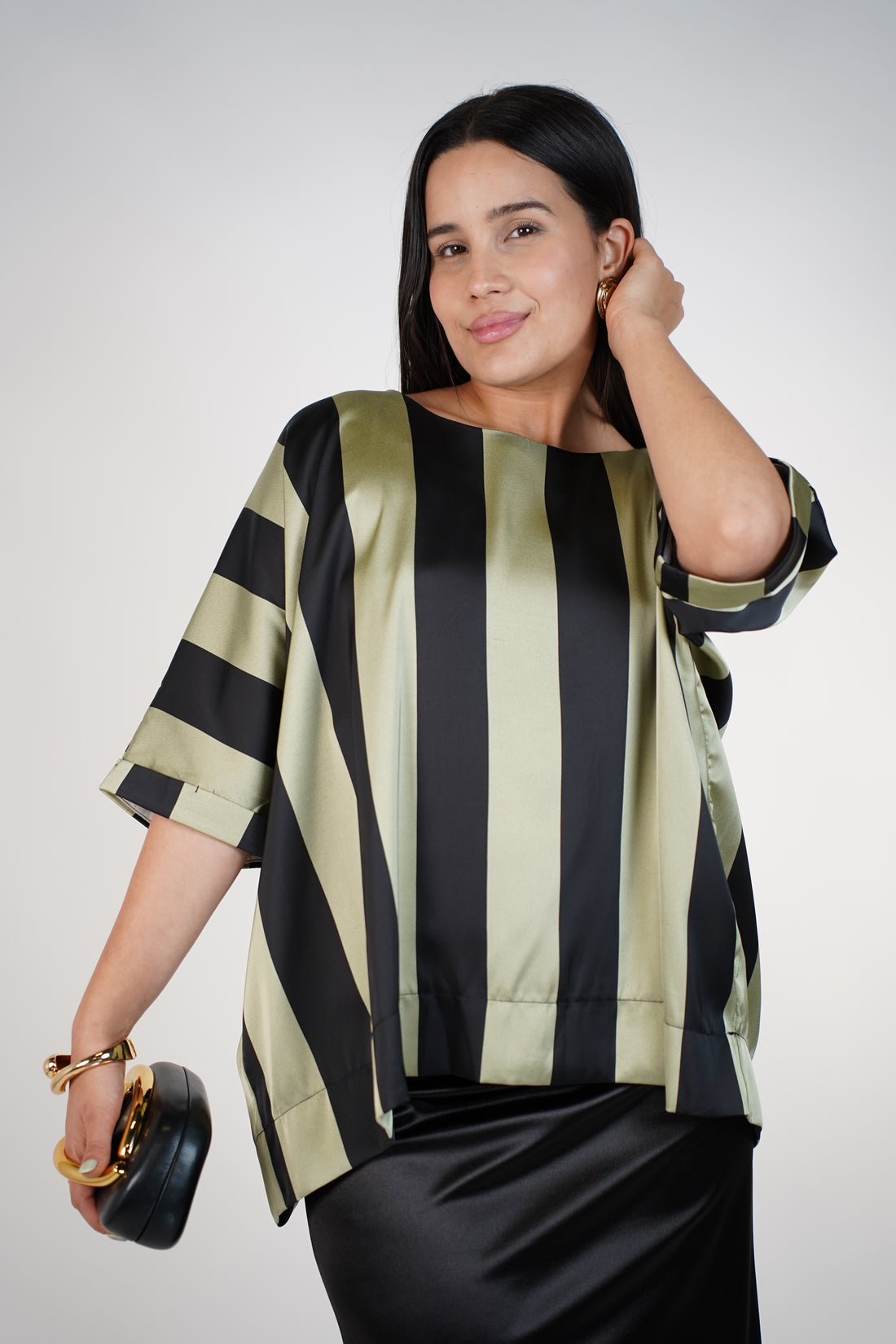 Moniva Striped Blouse – Satin Statement Top with Bold Vertical Contrast