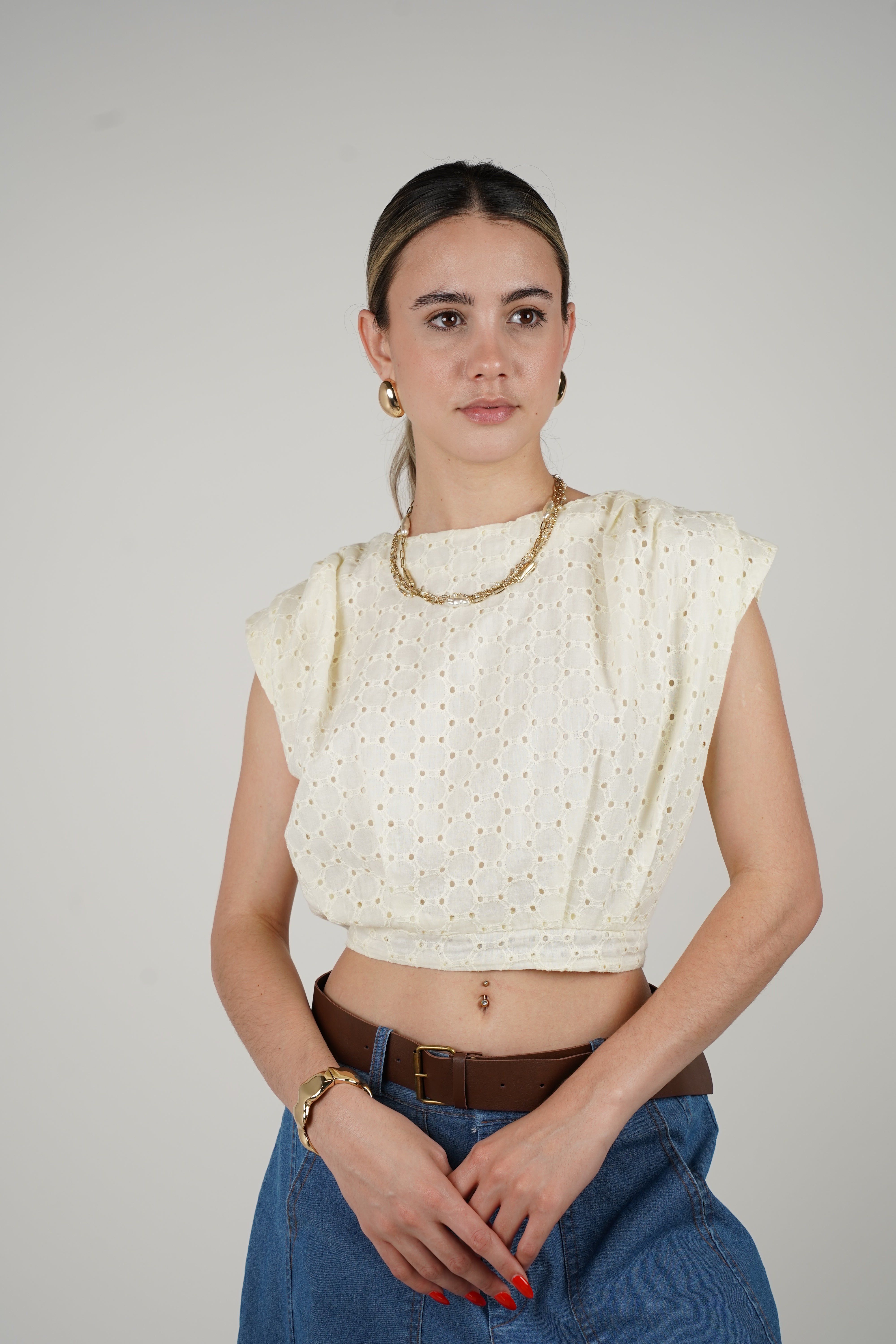Stephanie Top – Eyelet Shoulder Pad Blouse in Cream, Navy, and Light Blue