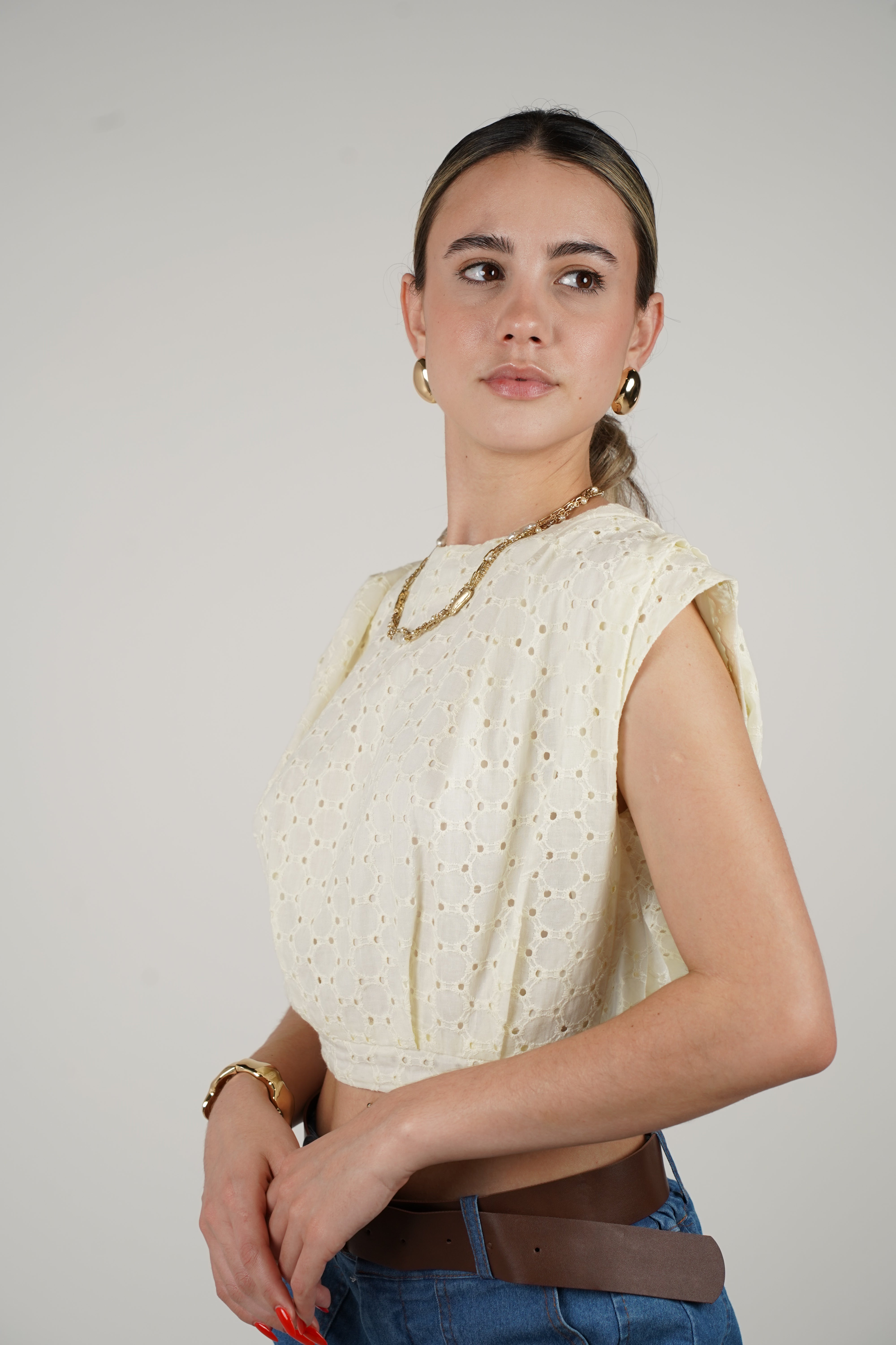 Stephanie Top – Eyelet Shoulder Pad Blouse in Cream, Navy, and Light Blue