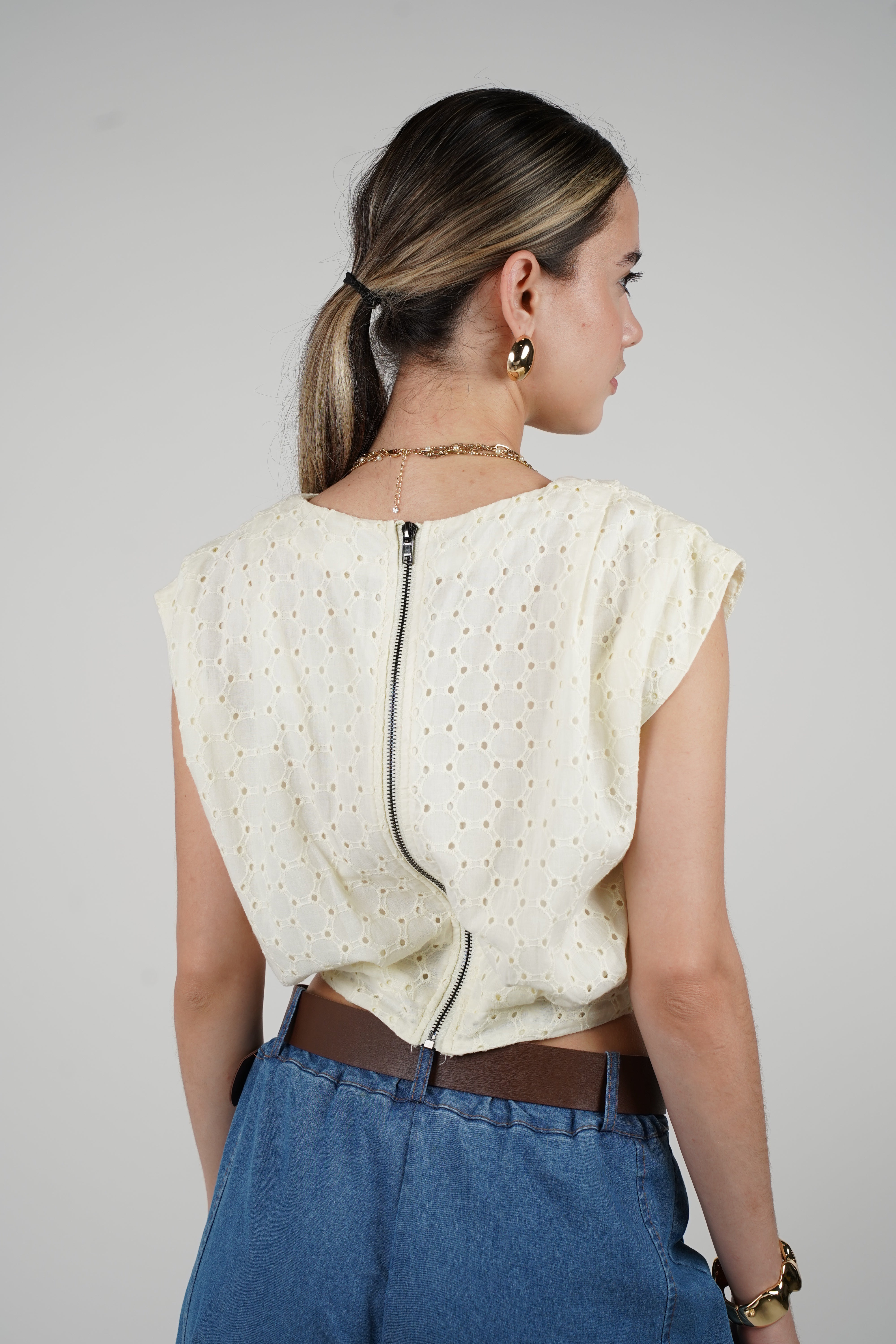 Stephanie Top – Eyelet Shoulder Pad Blouse in Cream, Navy, and Light Blue