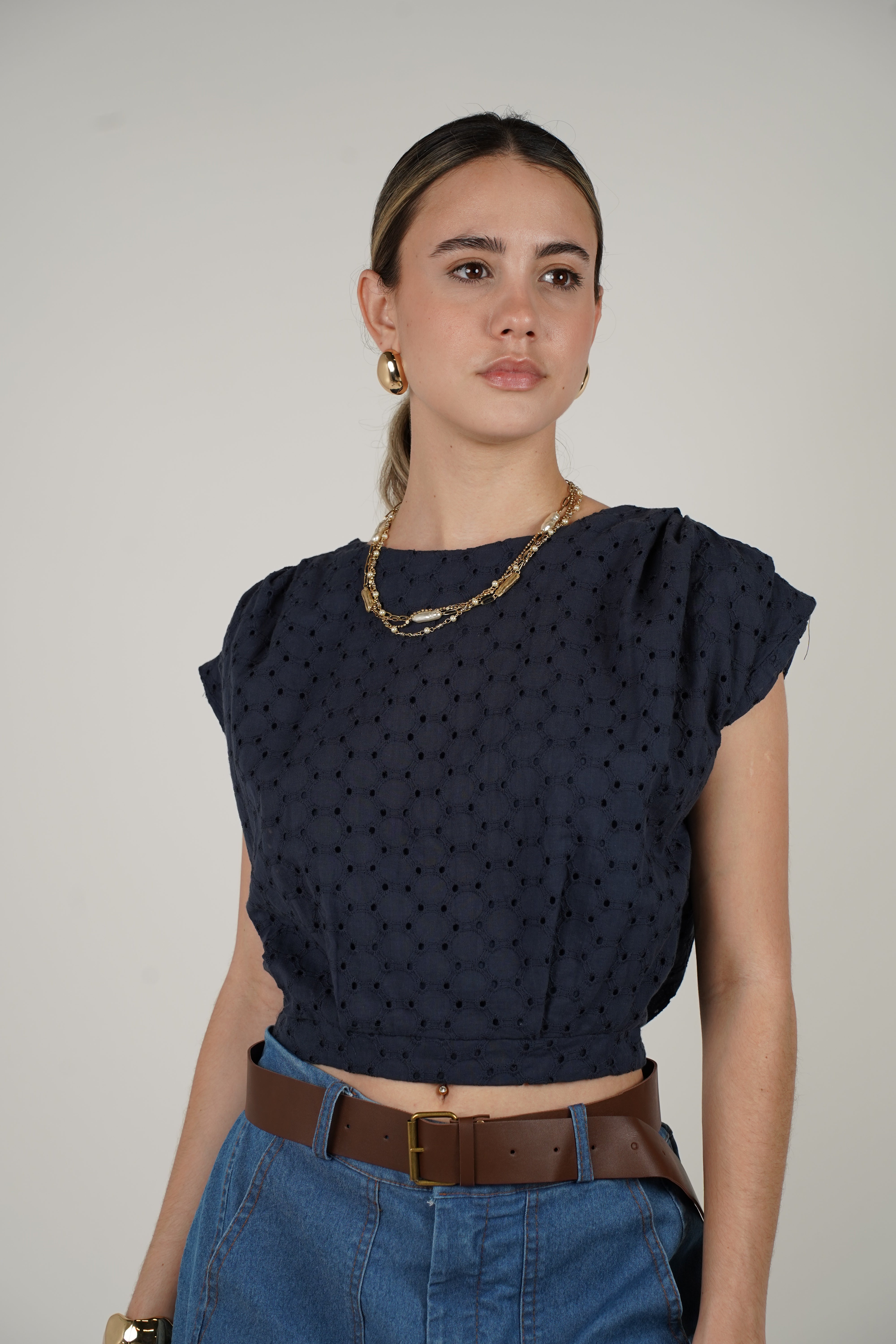Stephanie Top – Eyelet Shoulder Pad Blouse in Cream, Navy, and Light Blue
