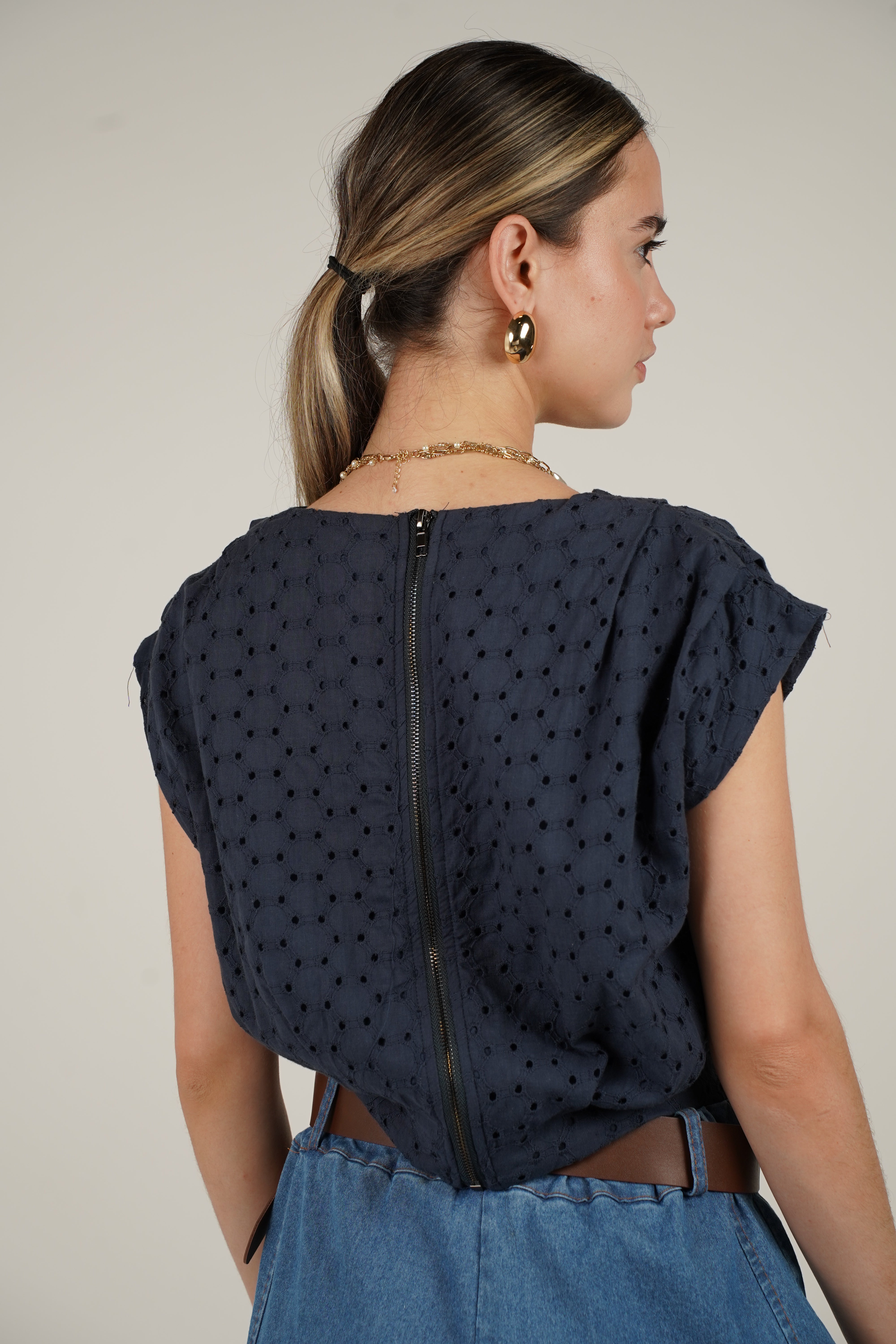 Stephanie Top – Eyelet Shoulder Pad Blouse in Cream, Navy, and Light Blue