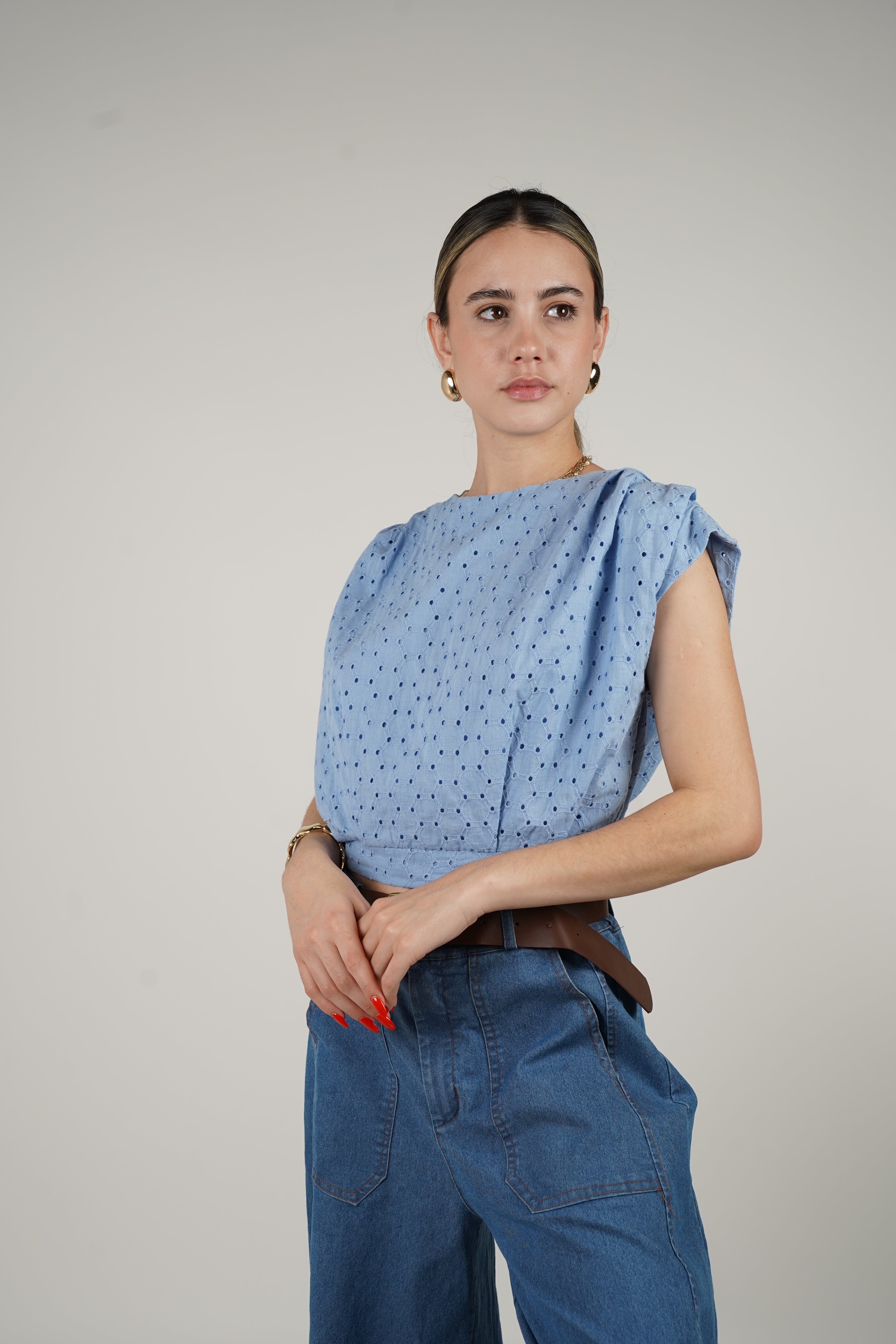 Stephanie Top – Eyelet Shoulder Pad Blouse in Cream, Navy, and Light Blue