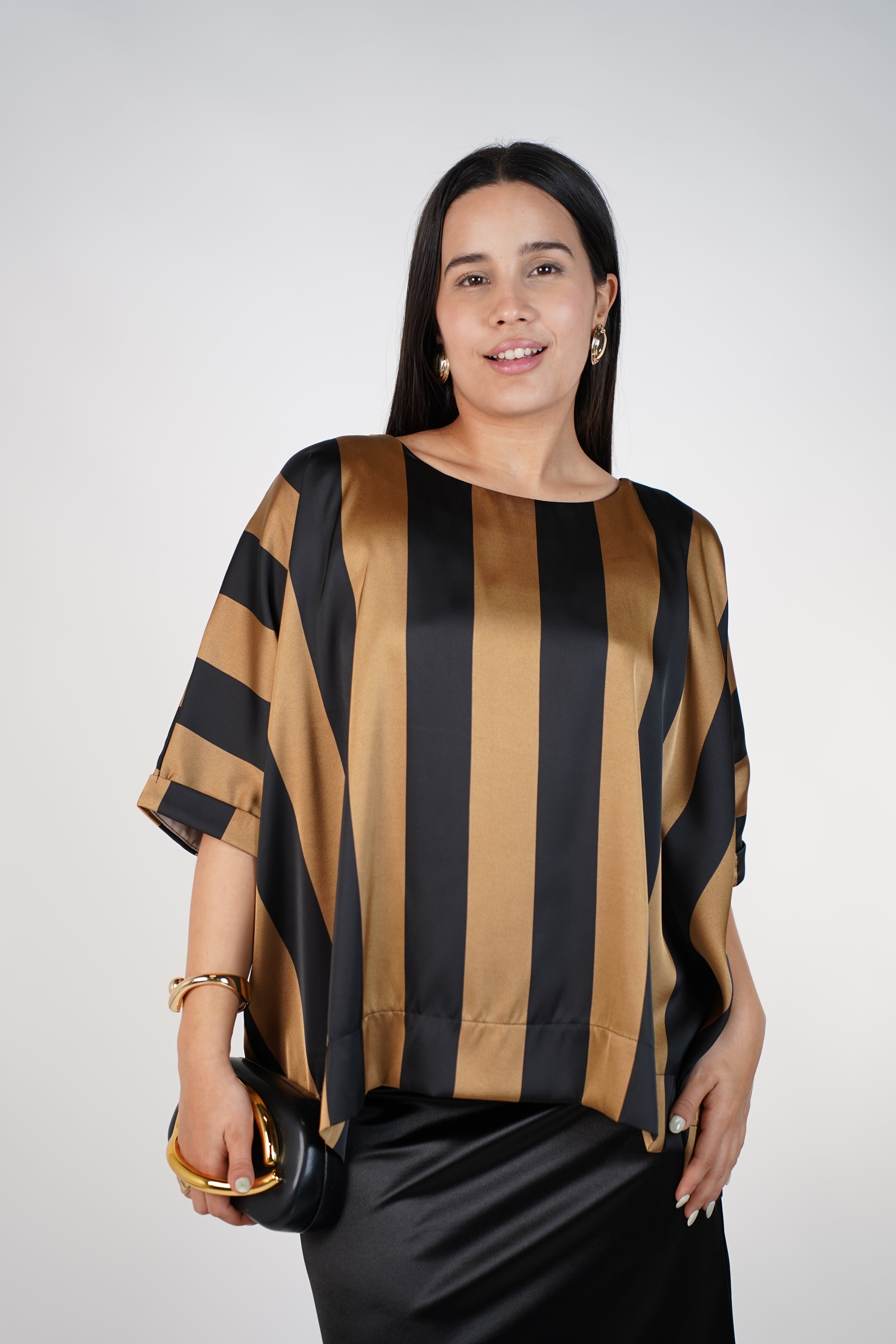 Moniva Striped Blouse – Satin Statement Top with Bold Vertical Contrast