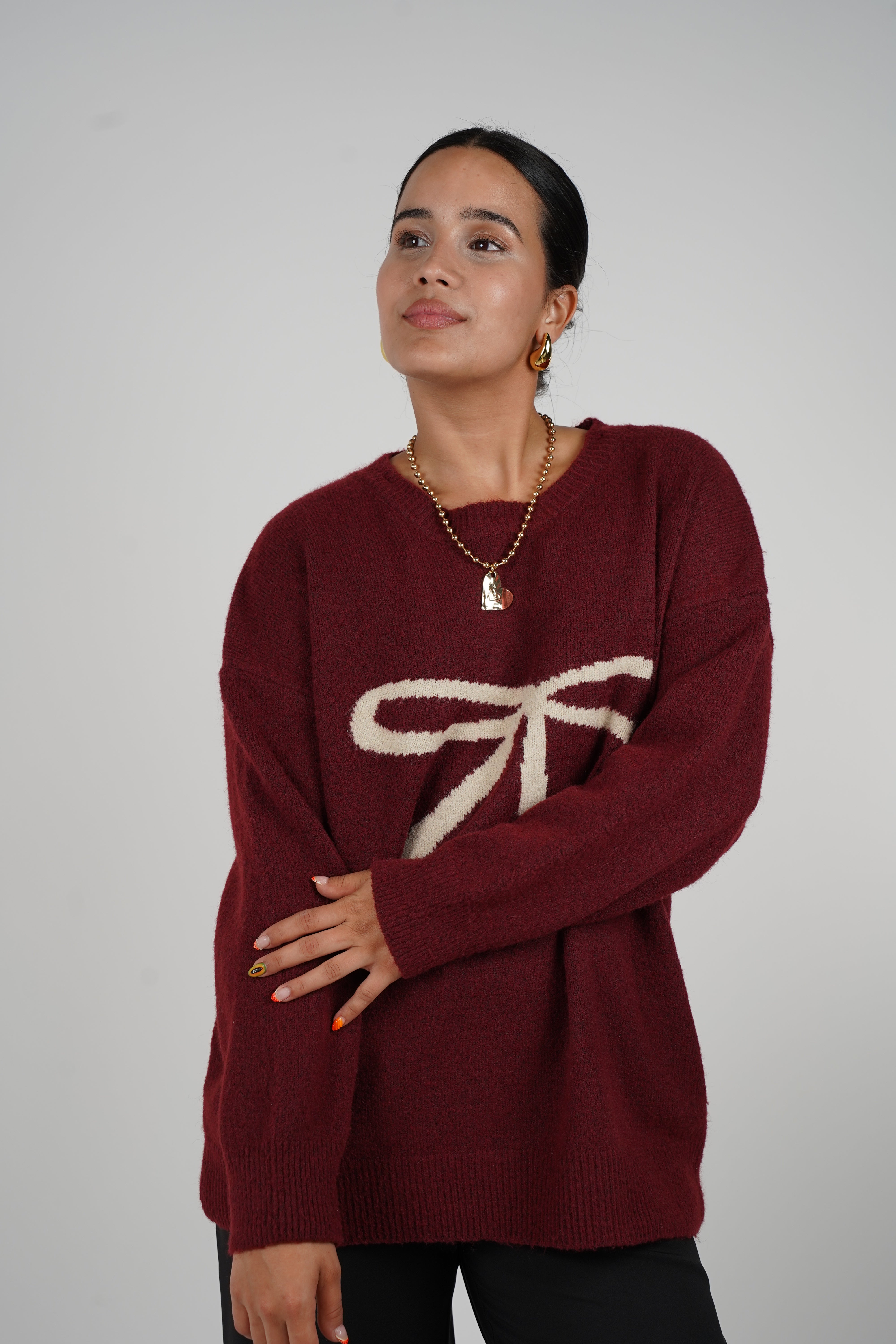 Alondra Sweater – Wine Knit with Cream Bow Detail