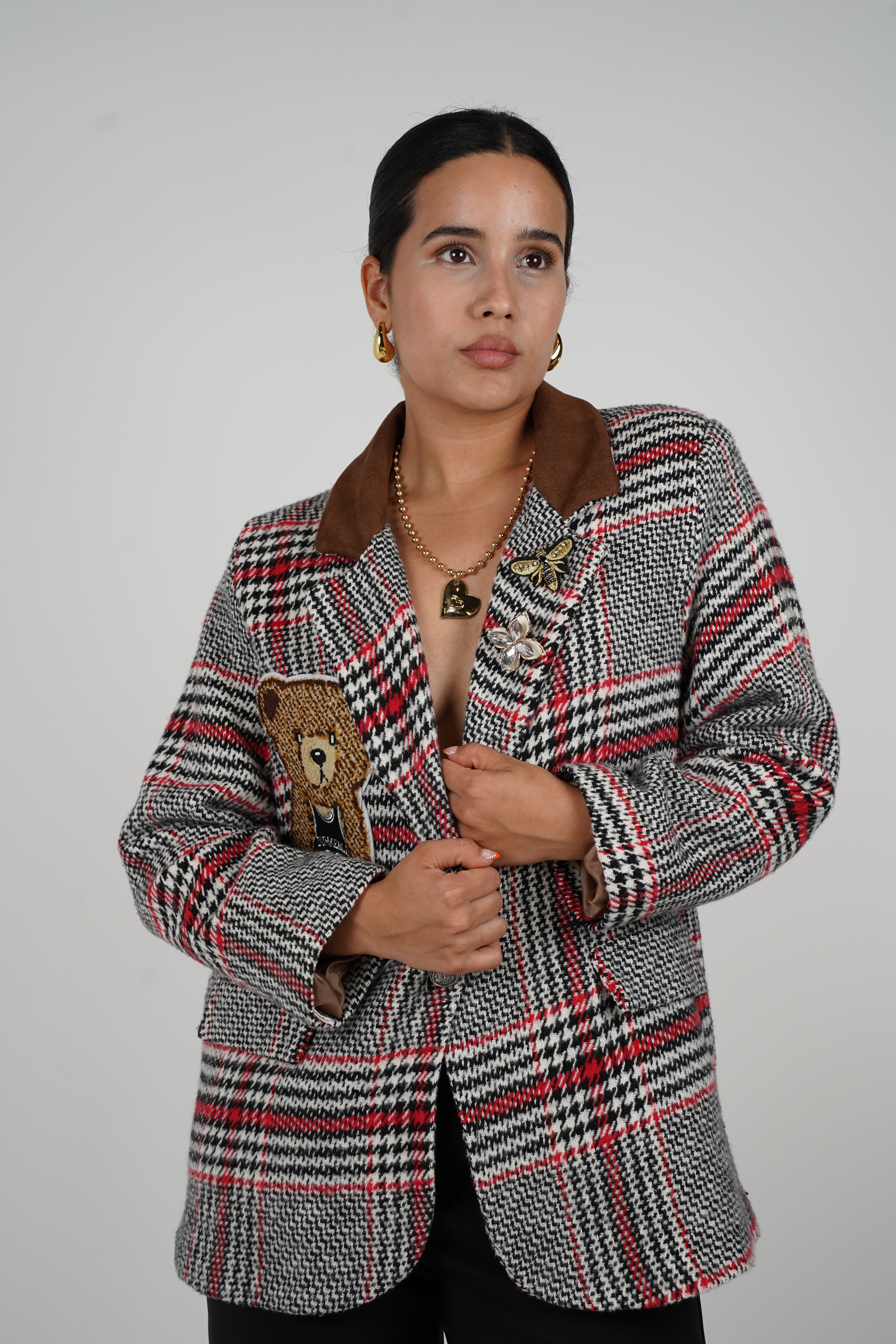 Plaid Bear Blazer – Statement Plaid Jacket with Bear & Bee Embroidery