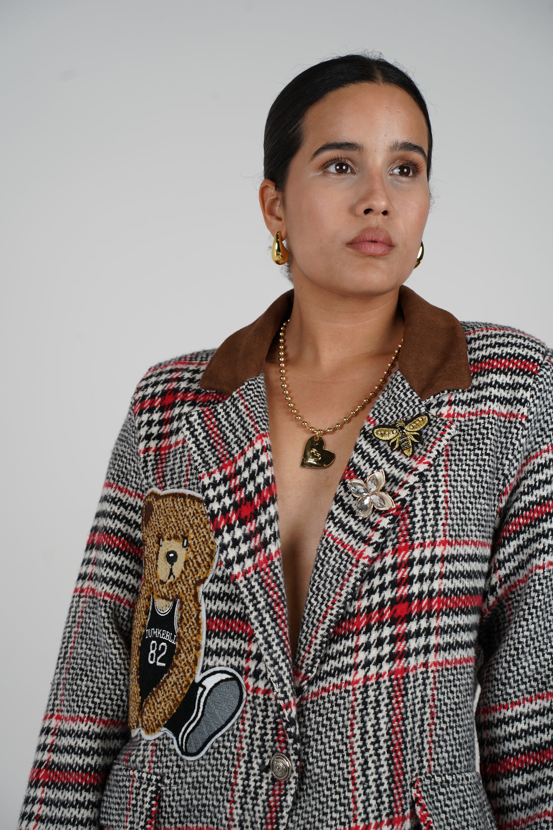 Plaid Bear Blazer – Statement Plaid Jacket with Bear & Bee Embroidery