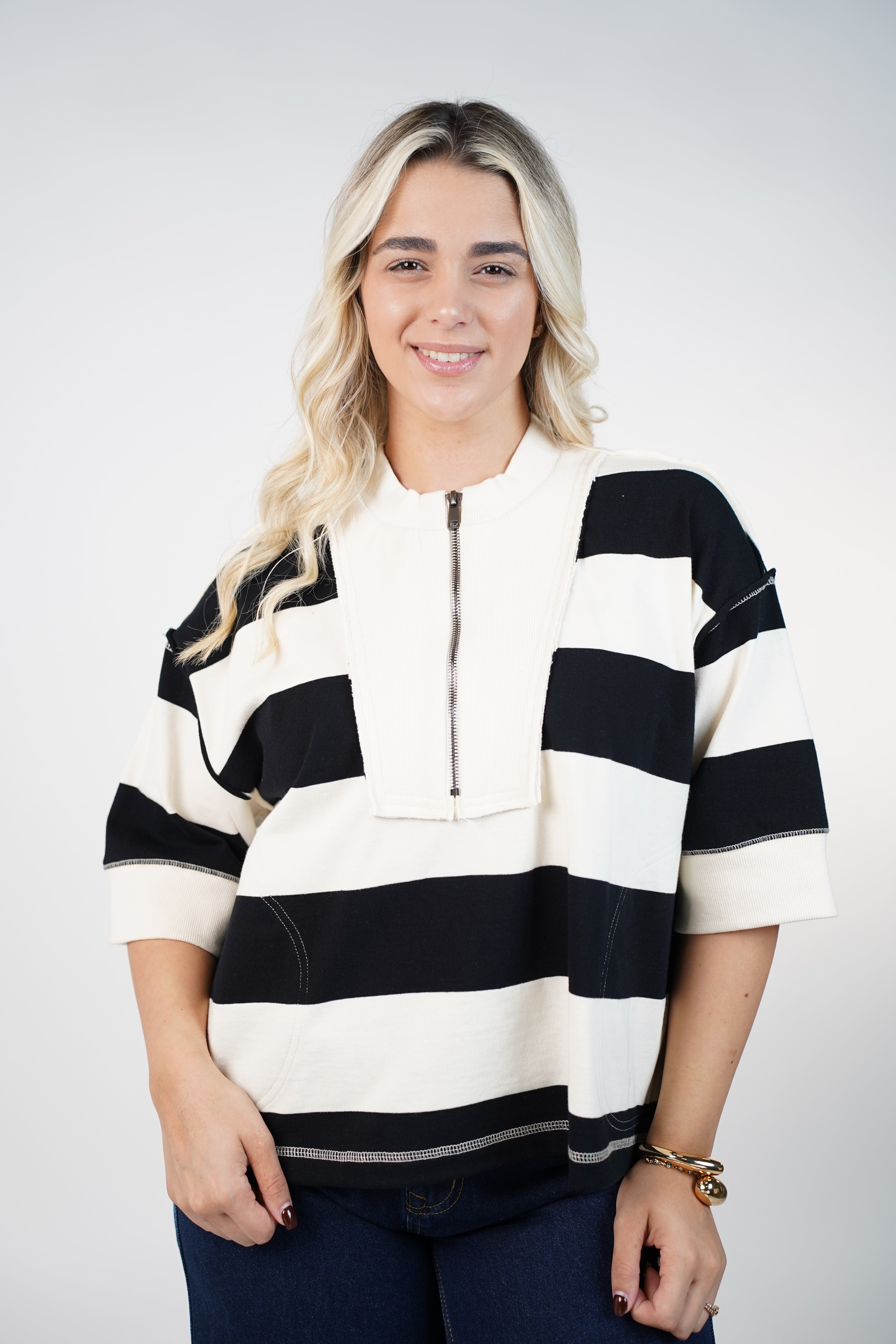Elarosy Stripped Sweater – Half-Zip Relaxed Knit with Bold Color Blocking