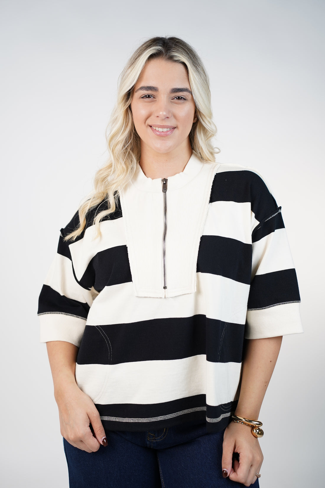 Elarosy Stripped Sweater – Half-Zip Relaxed Knit with Bold Color Blocking