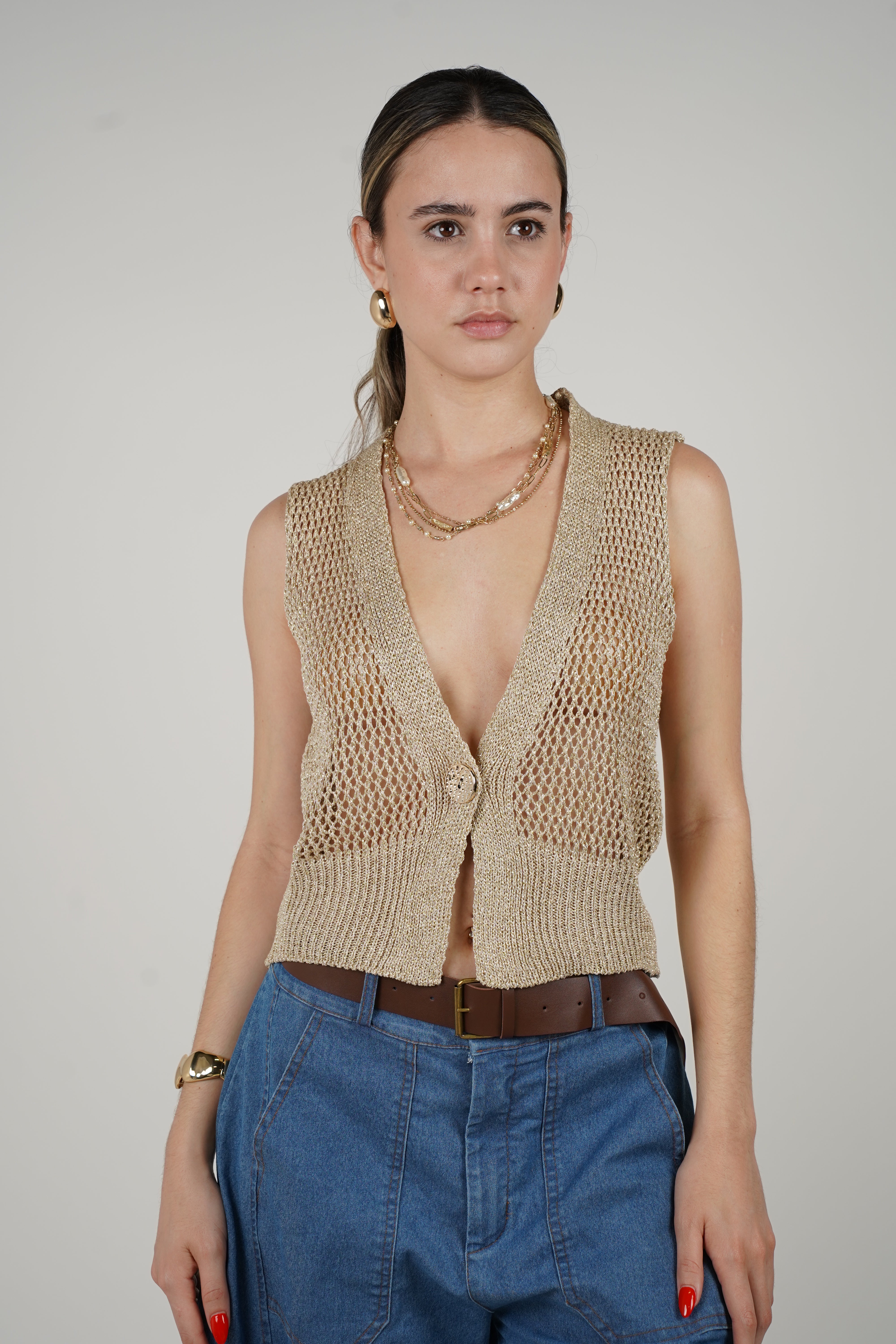 Lurex Vest Metallic Knit Vest – Open Weave Sleeveless Button-Down