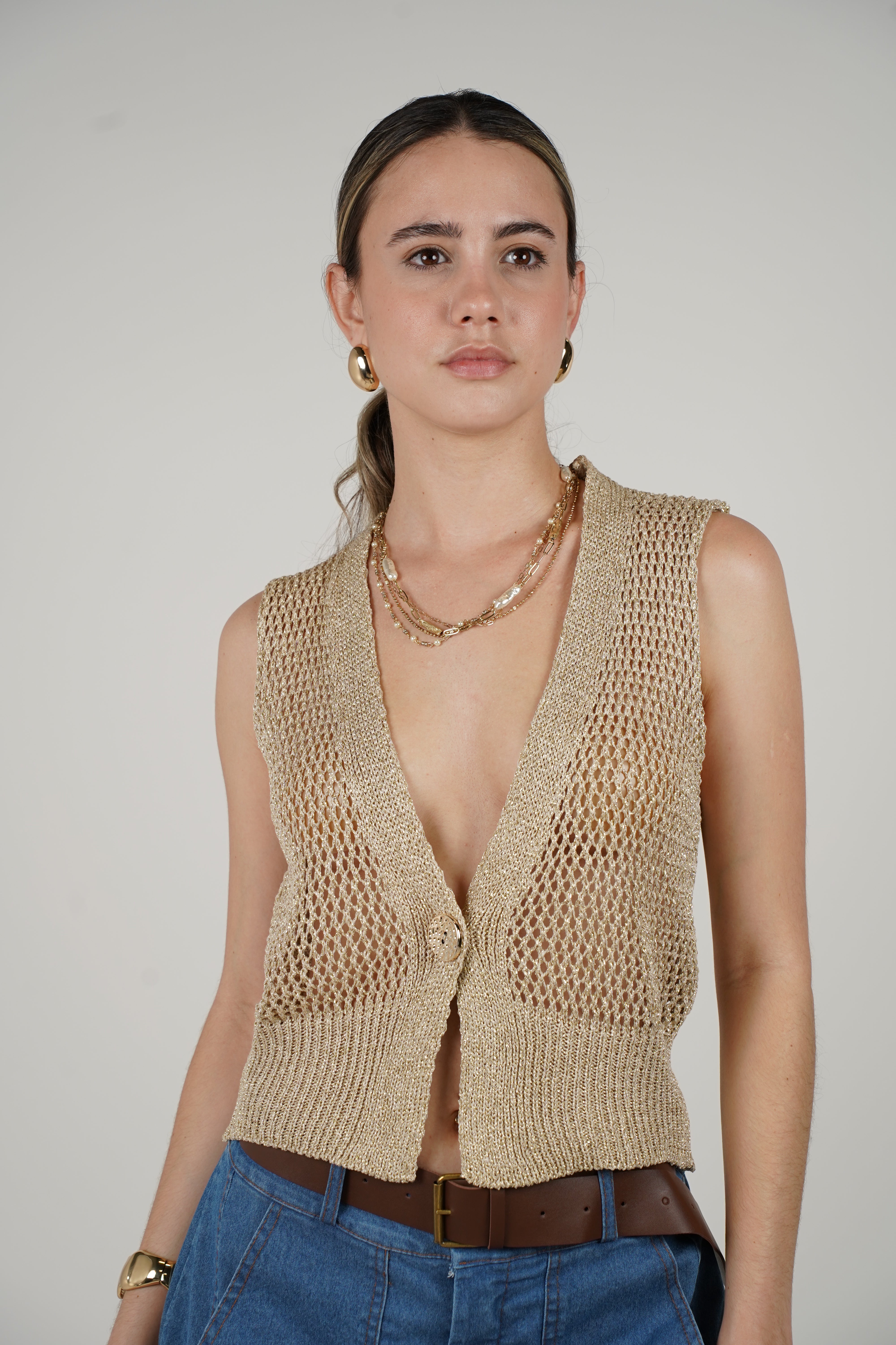 Lurex Vest Metallic Knit Vest – Open Weave Sleeveless Button-Down