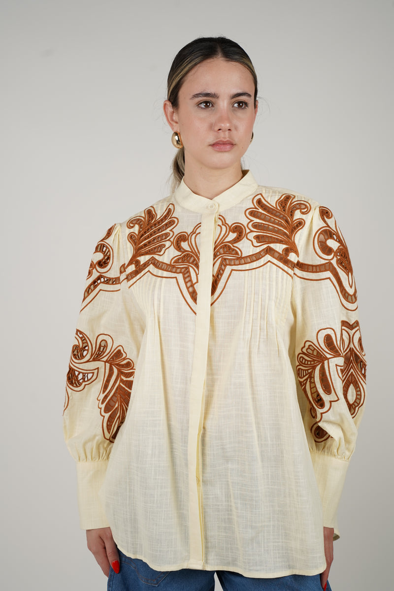 Bliss Golden Embroidered Sheer Blouse – Vintage-Inspired Detailing with Modern Elegance