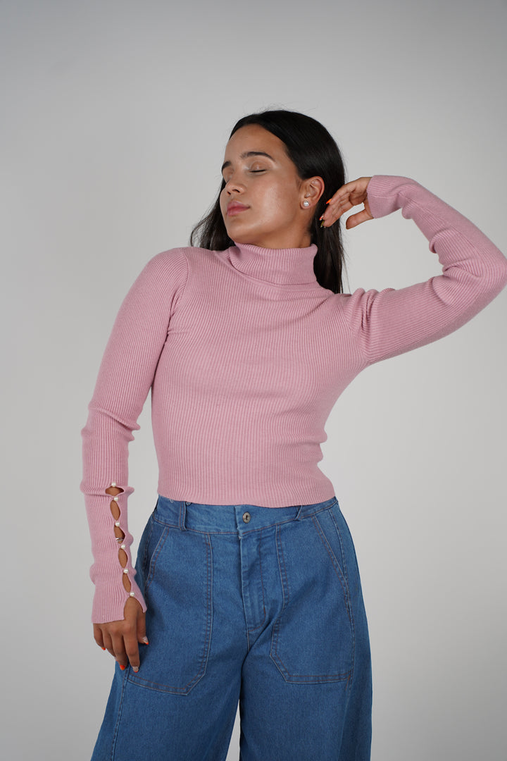 Pinkey Long Sleeve – Ribbed Turtleneck with Pearl Sleeve Detail