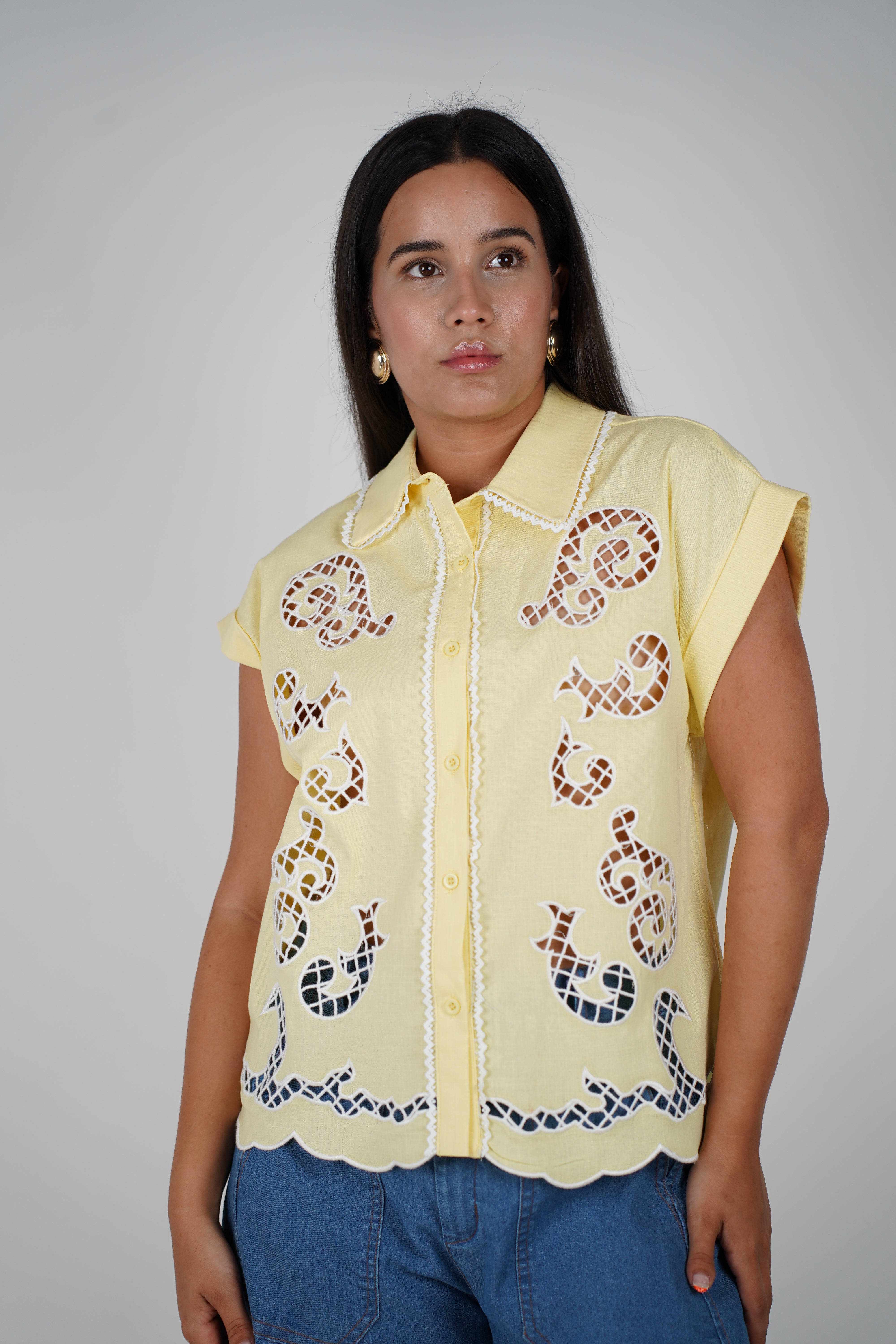 Arli Embroidered Button Down – Sunshine Elegance in Every Stitch