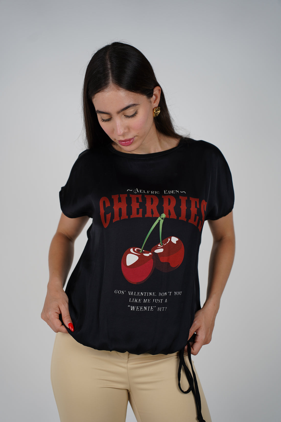 Italy Cherry Top – Satin Graphic Blouse with Drawstring Hem